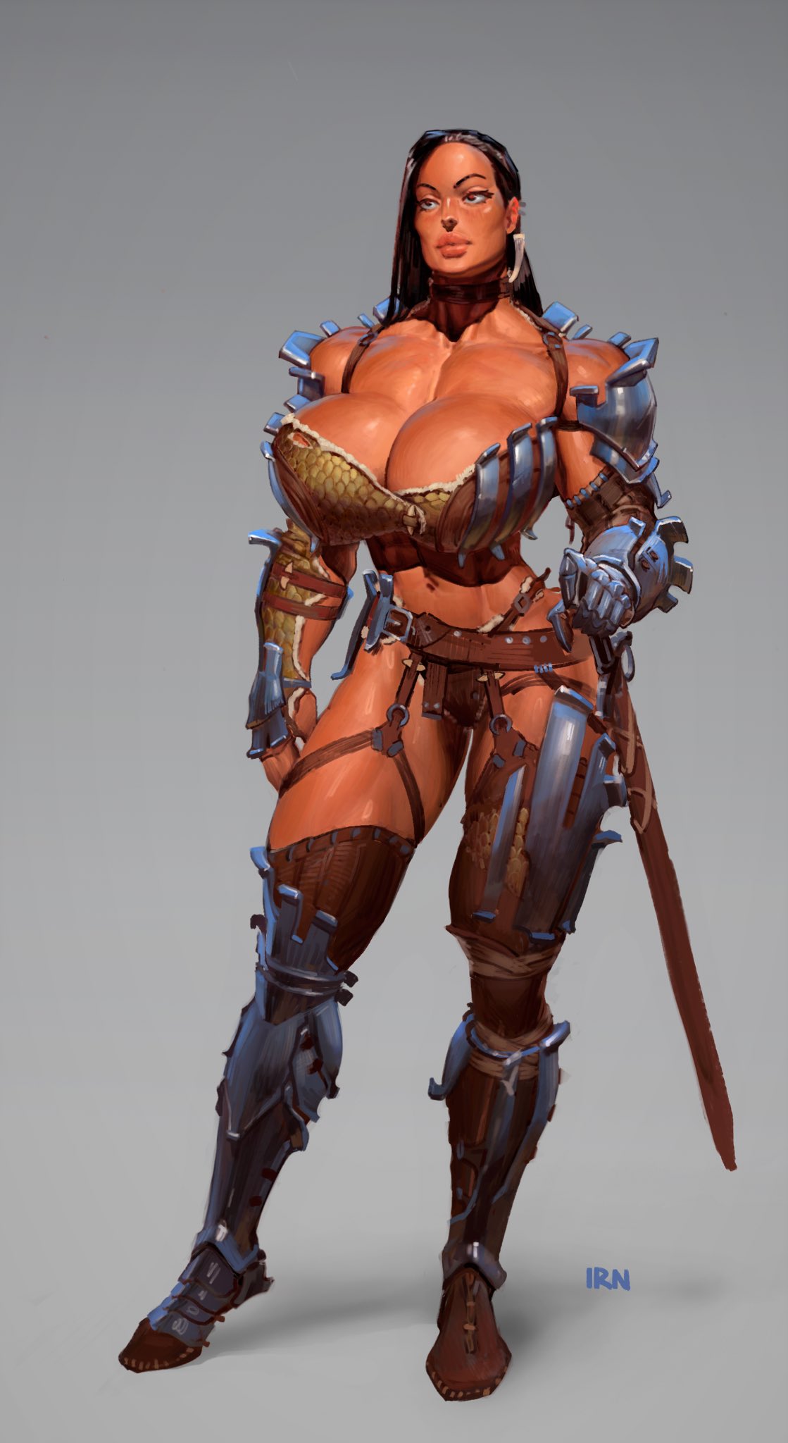 1girls, armor, armwear, artist signature, belly button, belt, biceps, big breasts, big lips, bikini armor, boots, bottomwear, breasts, brown hair, busty, cleavage, clothed, clothed female, clothes, clothing, curvaceous, curvy, curvy body, curvy figure, ear piercing, earrings, female, front view, full body, fully clothed, gauntlets, grey background, hair, handwear, hourglass figure, huge breasts, human, iranon, large breasts, legs, legs apart, legwear, long hair, looking away, muscular, muscular arms, muscular female, muscular legs, muscular thighs, navel, original, original character, pecs, piercing, simple background, solo, standing, stomach, straight hair, sword, tan body, tan skin, tan-skinned female, thick lips, thick thighs, thighs, topwear, unconvincing armor, voluptuous, weapon, wide hips