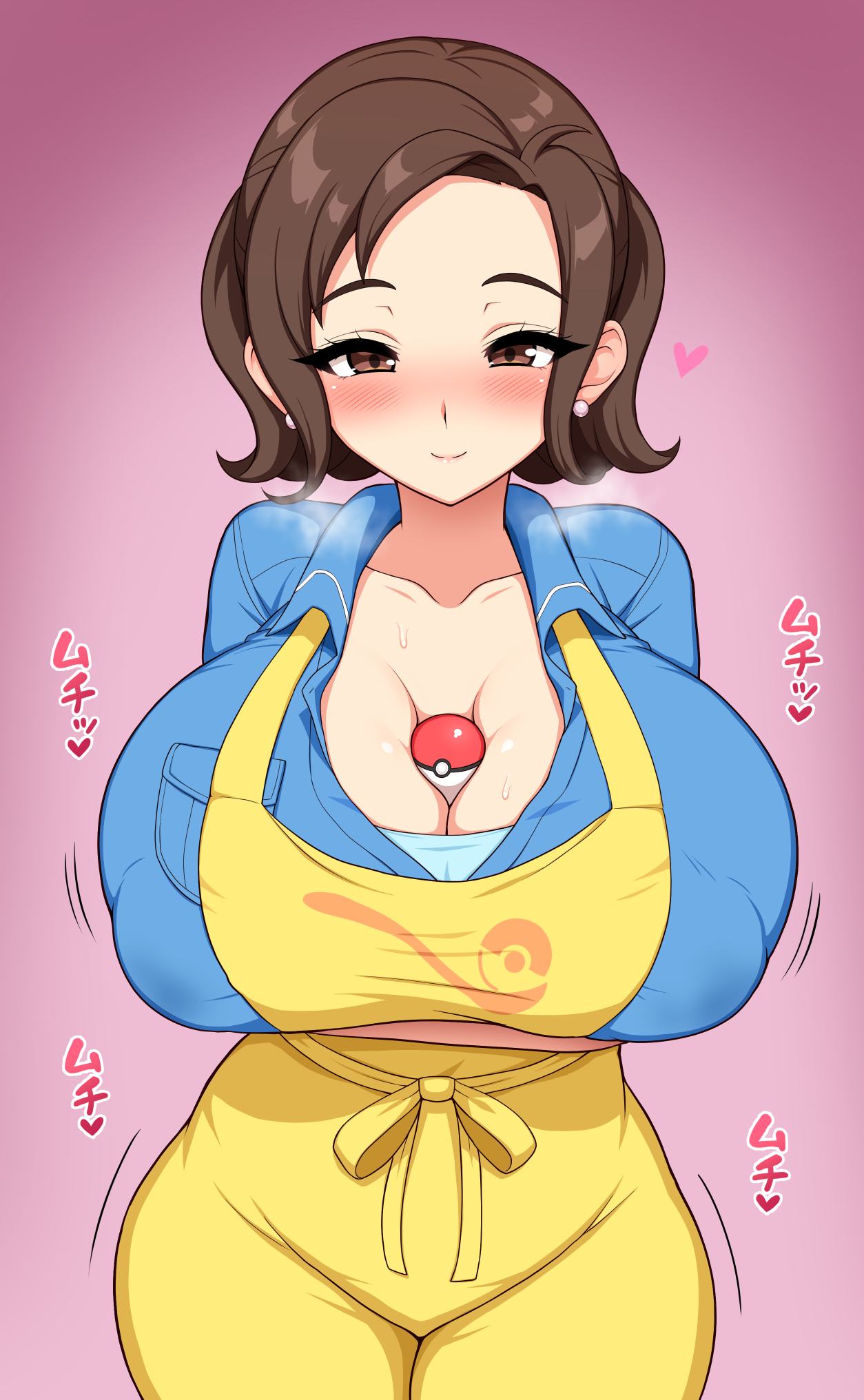 1girls, aikome (haikome), apron, breasts, brown eyes, brown hair, cleavage, clothed, female, game freak, haikome, hips, hourglass figure, huge breasts, light skin, light-skinned female, looking at viewer, mature female, medium hair, milf, mother, mother (pokemon sv), nintendo, object between breasts, pokeball, pokemon, pokemon sv, ponytail, slim waist, solo, thick thighs, thighs, top heavy, wide hips