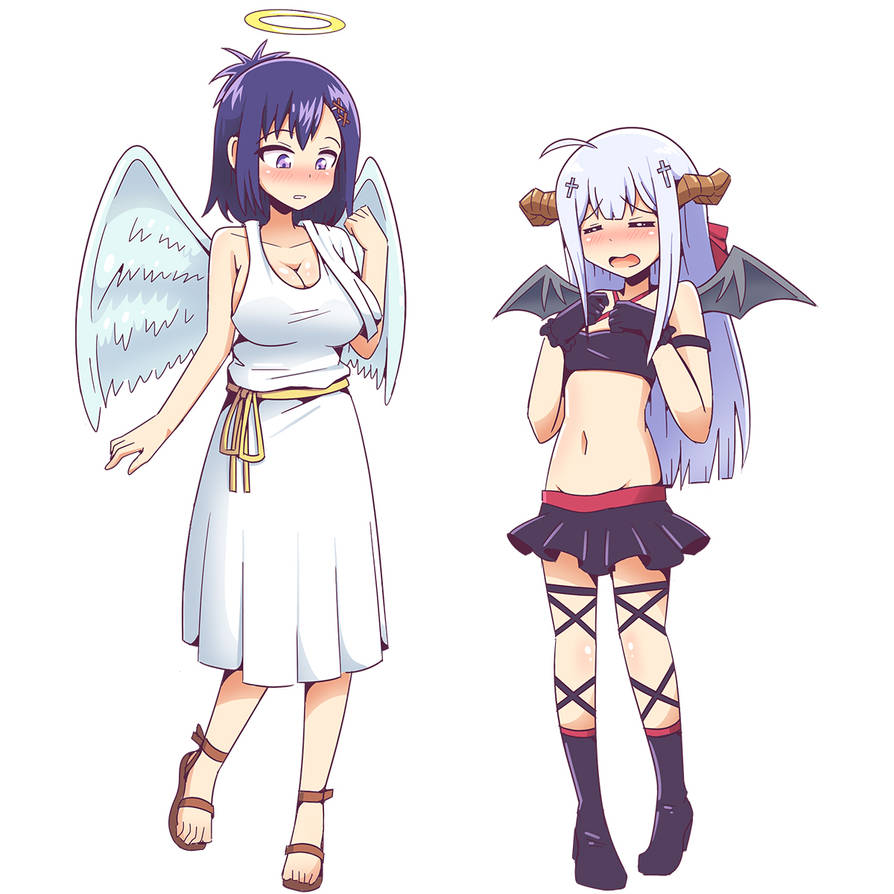 2girls, angel, attribute theft, big breasts, breasts, demon, female, female only, flat chest, gabriel dropout, height difference, inksgirls, open toe shoes, purple eyes, purple hair, raphiel shiraha ainsworth, vignette tsukinose april, white hair