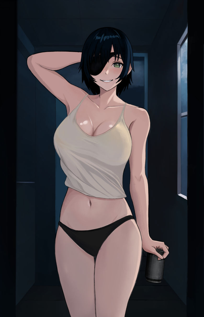 armpits, arms up, beer, beer can, big breasts, breasts, chainsaw man, cleavage, eye patch, female, female only, gyunzai, himeno (chainsaw man), light skin, light-skinned female, mappa, midriff, navel, panties, short hair, shounen jump, smile