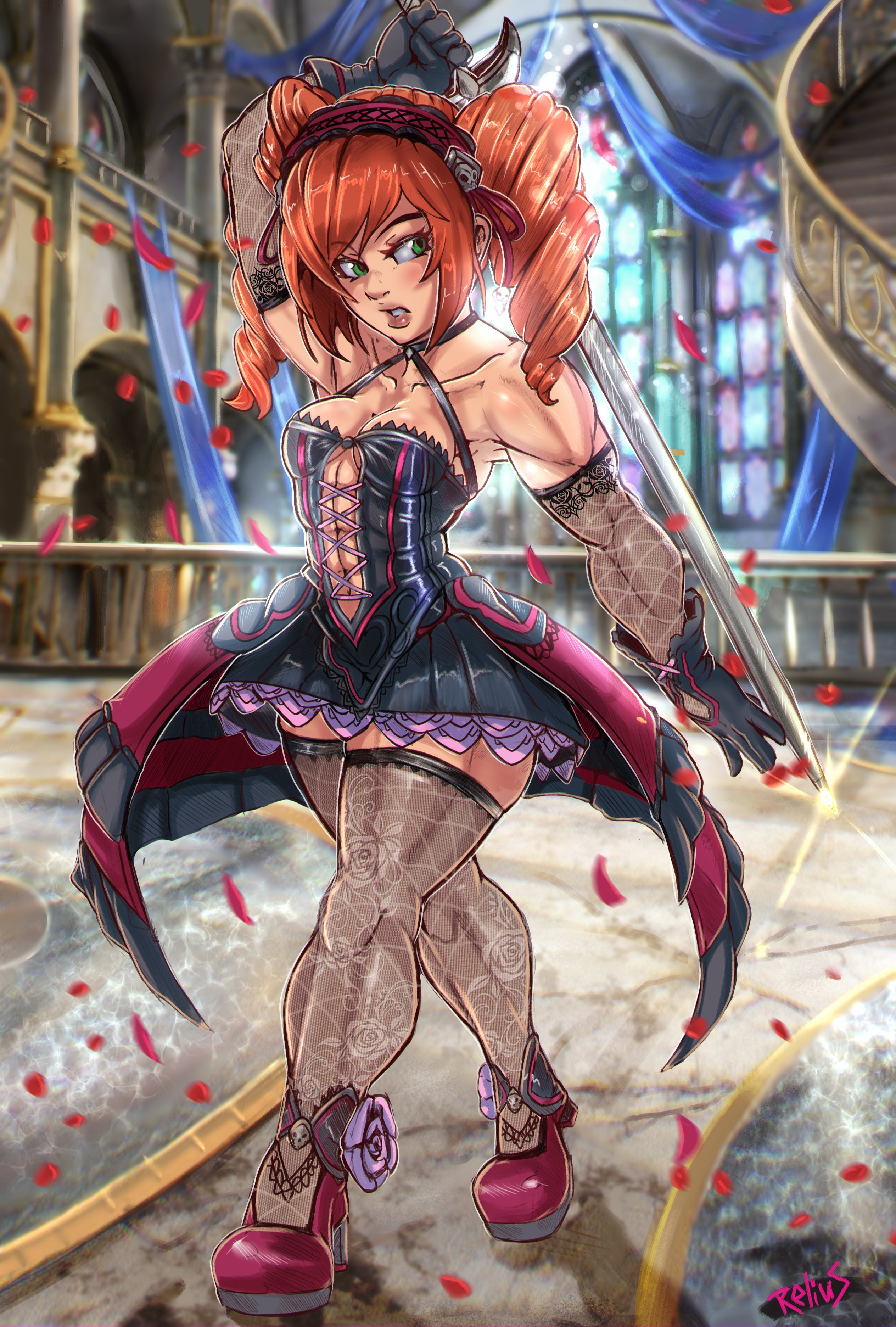 1girls, amy sorel, biceps, black gloves, blue eyes, breasts, cleavage, commission, corset, female, female focus, female only, ginger, ginger hair, gloves, green eyes, heels, leggings, light skin, light-skinned female, midriff, muscles, muscular, muscular female, namco, orange hair, pale skin, pale-skinned female, red hair, reliusmax, rose petals, skirt, solo, solo female, solo focus, soul calibur, thick legs, thick thighs, twin drills, twintails, updated, weapon