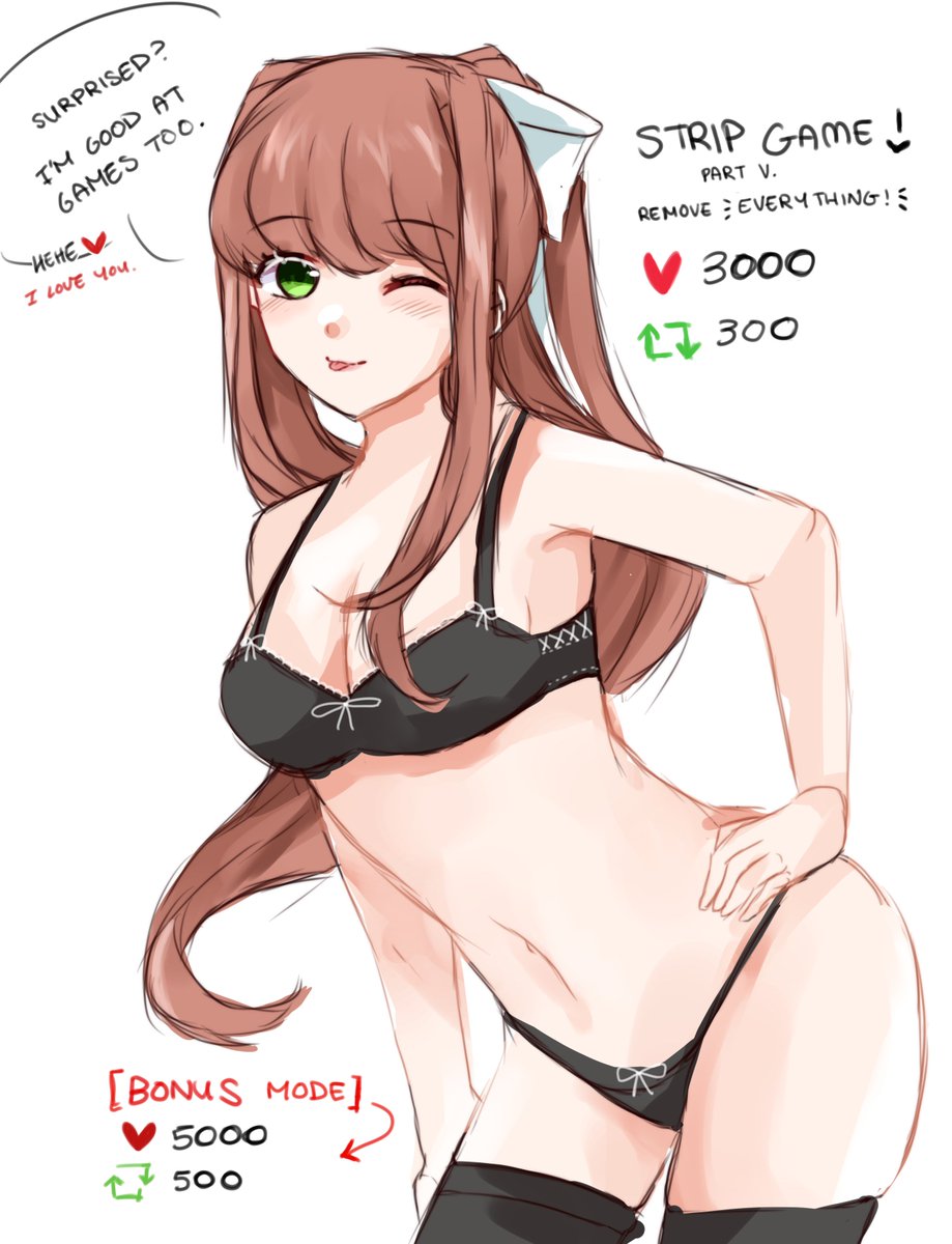 arrow_(symbol) black_bra black_panties blep bow_bra bow_panties bra cleavage doki_doki_literature_club english_text eye_closed female green_eyes heart heart_icon long_hair matching_underwear monika_(doki_doki_literature_club) navel one_eye_closed panties retweet_icon strip_game text underwear_only white_background yuxine