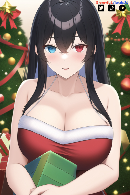 ai_generated artist_self-insert blue_eyes christmas christmas_outfit christmas_tree emzie01 funemily1 heterochromia large_breasts long_hair nai_diffusion presents red_eyes stable_diffusion tagme watermark