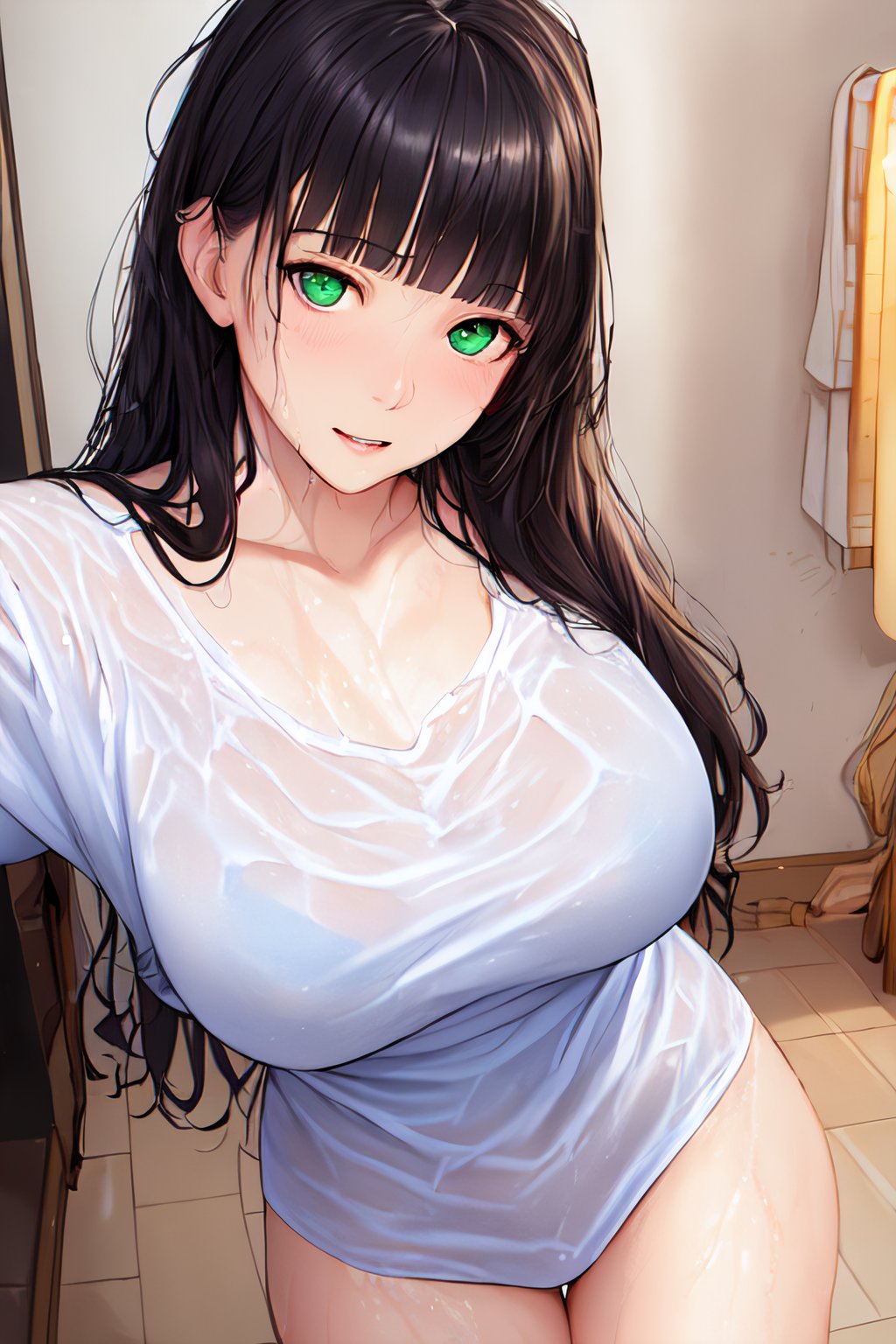 1girls, ai generated, armpits, big breasts, black hair, breasts, bulging breasts, curvy figure, female, female only, green eyes, high resolution, highres, large breasts, long hair, looking at viewer, nai diffusion, original, original character, solo, solo female, stable diffusion, thick thighs, thighs, voluptuous, voluptuous female, wet clothes, wet skin