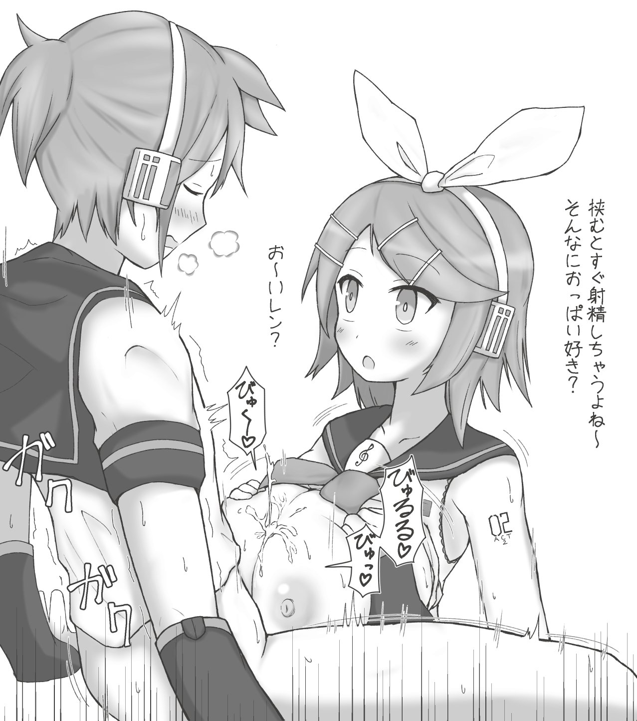 1boy, 1girls, arm tattoo, artist request, between breasts, boobjob, bottomless, bottomless male, breasts, clothed, cum, cum on breasts, ejaculation, ejaculation between breasts, female, greyscale, hair bow, hairclip, headphones, heavy breathing, incest, kagamine len, kagamine rin, large breasts, male, monochrome, necktie, nipples, paizuri, penis, sailor collar, shirt lift, short hair, source request, translation request, vocaloid