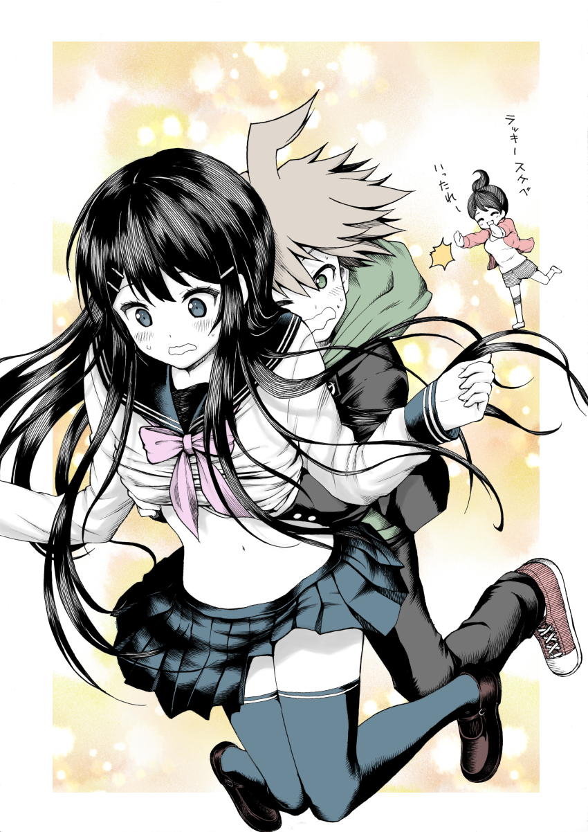 1boy, 2girls, accidental circumstance, accidental exposure, asahina aoi, blue hair, breast grab, breast grab from behind, breasts, danganronpa, danganronpa: trigger happy havoc, female, groping, groping breasts, groping from behind, human, itou g-tarou, maizono sayaka, male, multiple females, multiple girls, naegi makoto, serafuku, shirt lift, straight hair