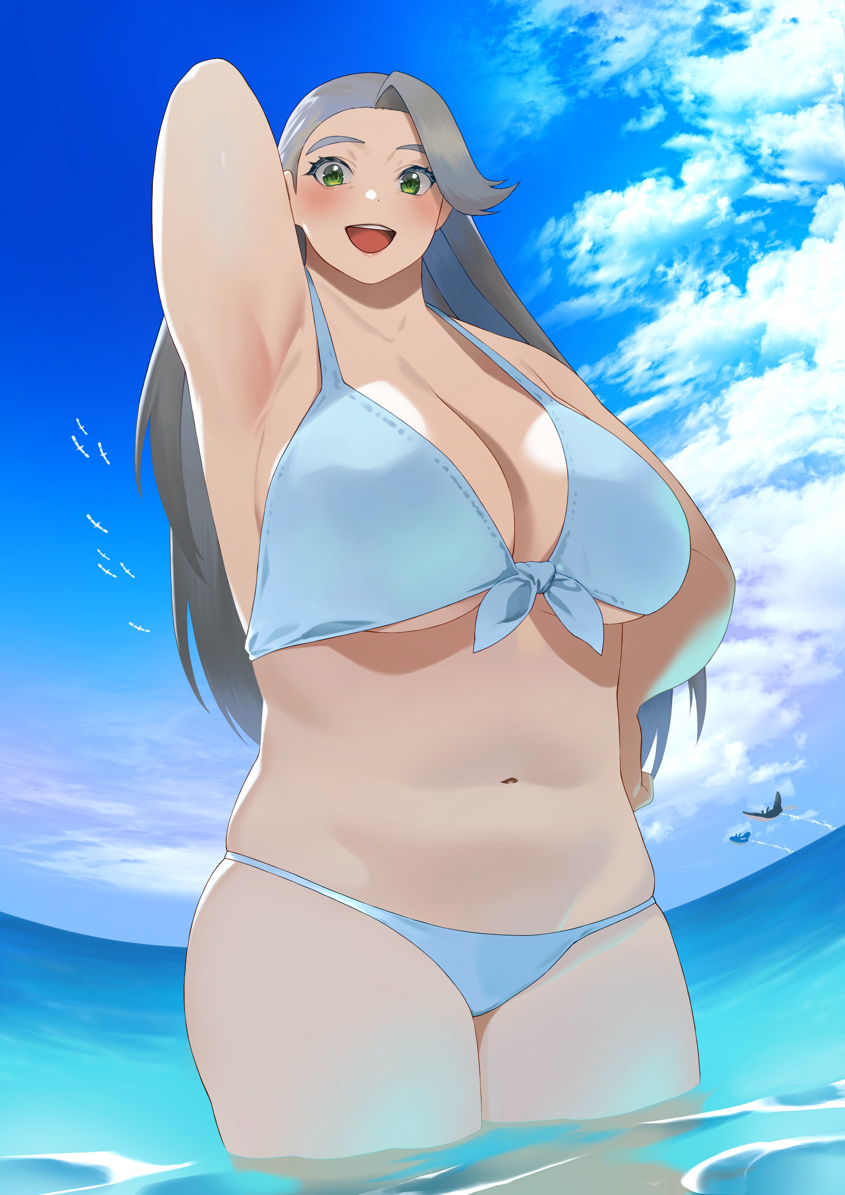 1girls, big breasts, bikini, bikini bottom, bikini top, blue bikini, breasts, cleavage, female, female only, game freak, green eyes, grey hair, hair, hand behind head, huge breasts, lin (artist), long hair, mature, mature female, melony (pokemon), milf, mother, open mouth, pokemon, pokemon ss, solo, solo female, swimsuit, swimwear, thighs, voluptuous