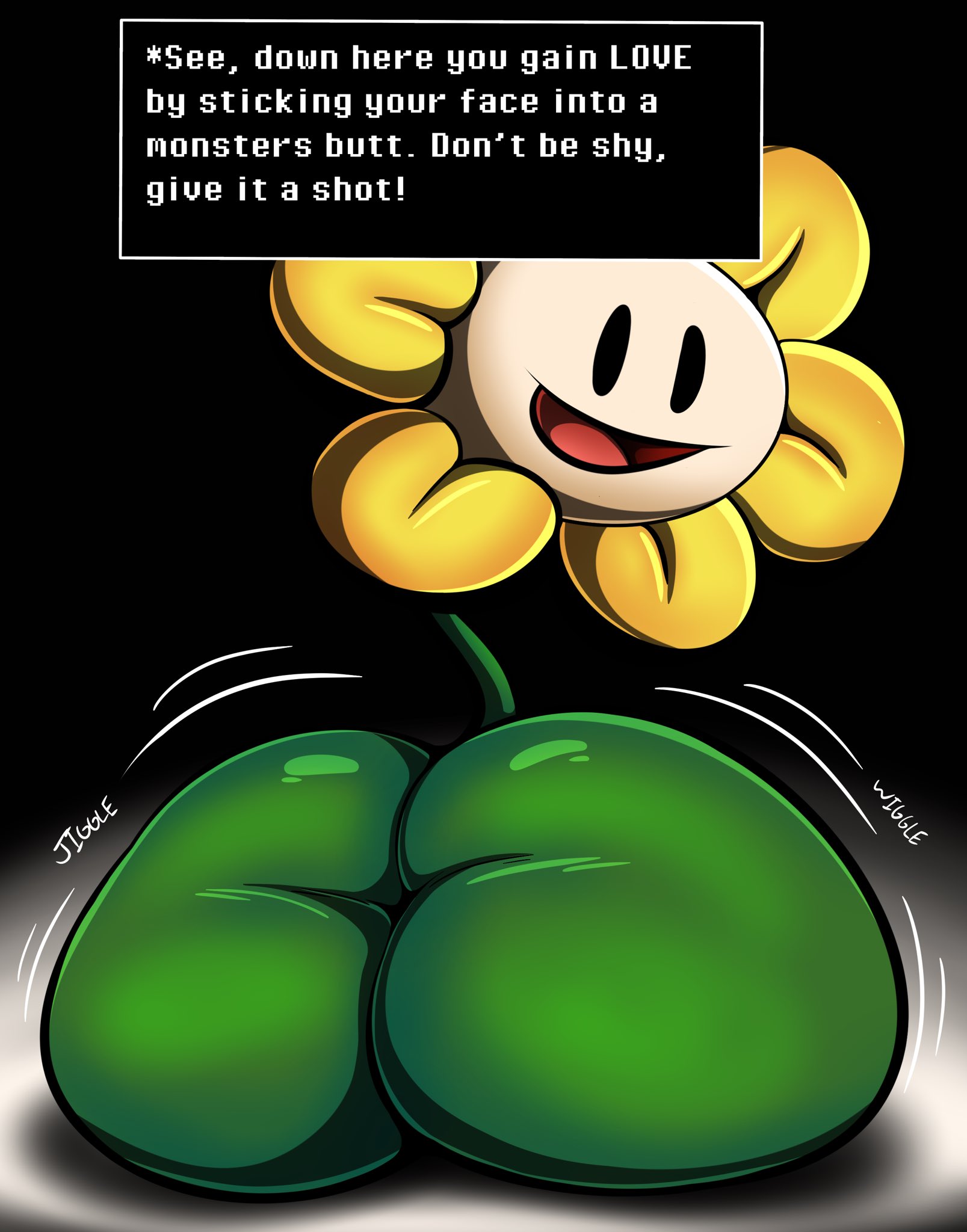1boy, 2d, ass, ass built separately, big ass, big butt, english, english text, fat ass, fat butt, femboy, flower, flowey the femboy, flowey the flower, flowey with nothing else but a massive ass, huge ass, huge butt, looking at viewer, looking back, looking back at viewer, male, male only, solo, talking, tepigfan101, text, text box, thick ass, thick butt, toby fox, undertale, undertale (series)