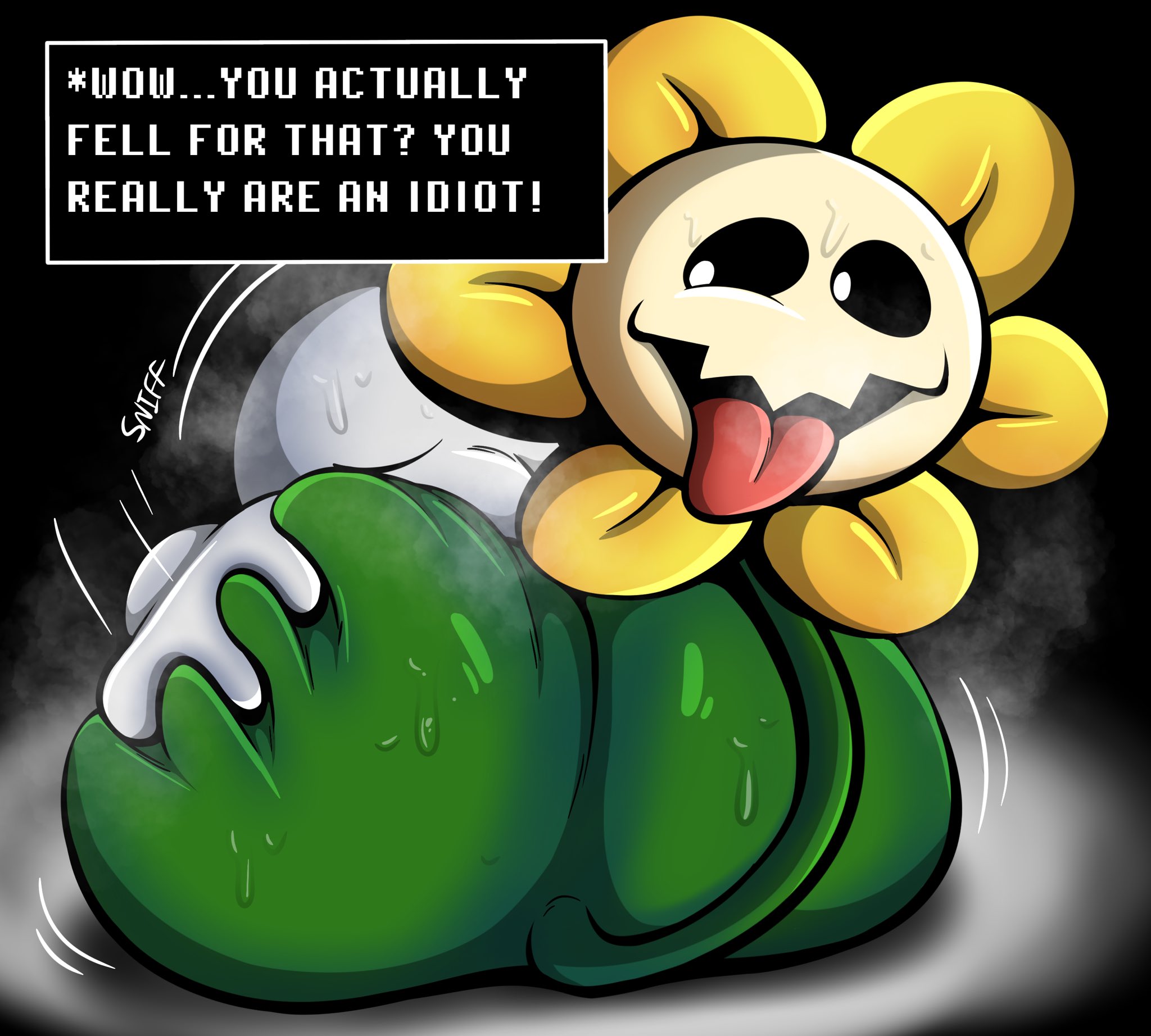 1boy, 2d, ambiguous gender, anon, ass, ass built separately, big ass, butt focus, eating ass, english, english text, face in ass, fat ass, fat butt, femboy, flora fauna, flower, flowey the femboy, flowey the flower, flowey with nothing else but a massive ass, grabbing ass, green body, groping ass, huge ass, huge butt, male, male dom, mocking, monster, musk, musk clouds, musky, nonhuman, onomatopoea, onomatopoeia, rimming, sniffing, sniffing ass, sweat, sweating, sweaty, sweaty ass, sweaty butt, tagme, talking, talking to another, tepigfan101, text, text box, thick ass, toby fox, tongue, tongue out, undertale, undertale (series)