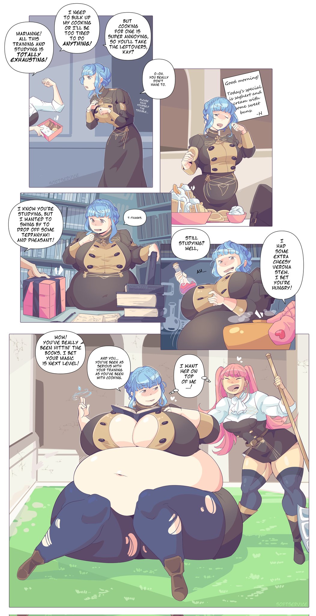 2girls, bangs, bare thighs, belly, blue hair, book, breasts, cleavage, curvy, dialogue, english text, fat, female, fire emblem, fire emblem: three houses, garreg mach monastery uniform, gigantic breasts, hilda valentine goneril, huge breasts, large breasts, long hair, magic, marianne von edmund, multiple females, multiple girls, open mouth, pantyhose, pink hair, short hair, smile, softservice, text, thick thighs, thighhighs, thighs, torn clothes, twintails, voluptuous, weight gain