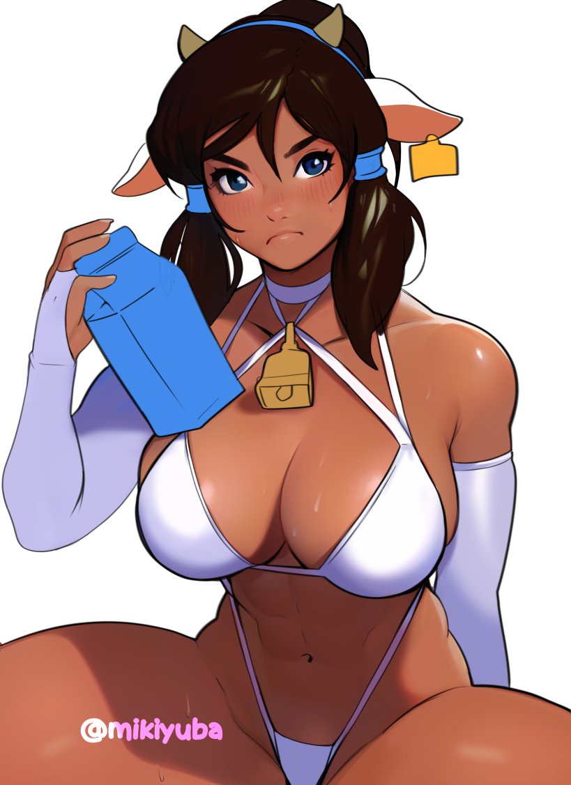 1girls, abs, alternate version available, artist name, avatar legends, big breasts, blush, breasts, cleavage cutout, cow ears, dark skin, dark-skinned female, female, female only, korra, large breasts, mikiyuba, milk, navel, sideboob, solo, swimsuit, the avatar, the legend of korra, thick thighs, water tribe