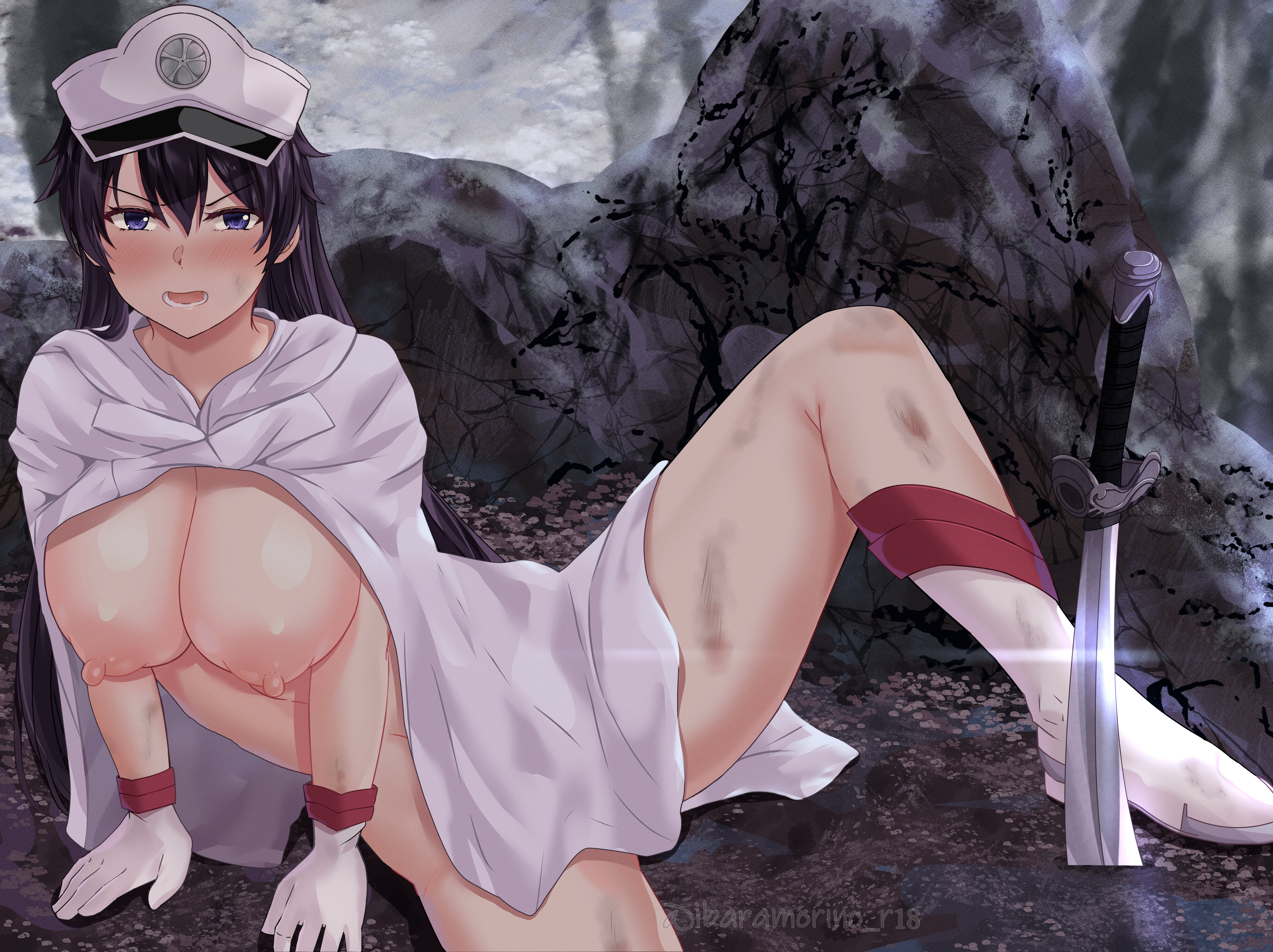 absurdres, bambietta basterbine, black hair, bleach, bleach: the thousand-year blood war, blue eyes, blush, breasts, cape, defeat, female, functionally nude, gloves, hat, highres, large breasts, long hair, looking at viewer, naked cape, navel, nipples, no bra, open mouth, stomach, sword, thighs, very long hair, weapon, white cape, white gloves, white headwear