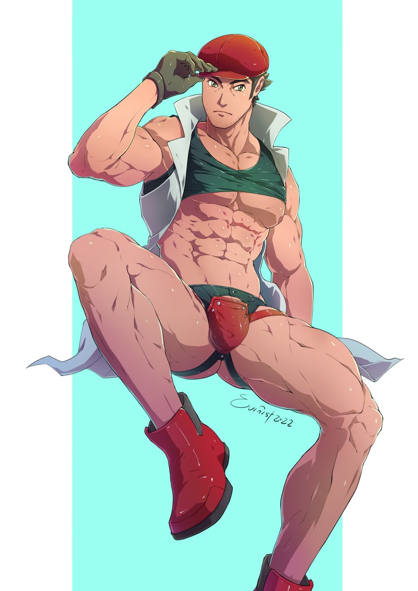 big_bulge bulge datsura_(pokemon) evinist huge_bulge jockstrap male male_only muscles muscular muscular_male noland_(pokemon) pokemon pokemon_rse shirt_lift spread_legs tipping_hat