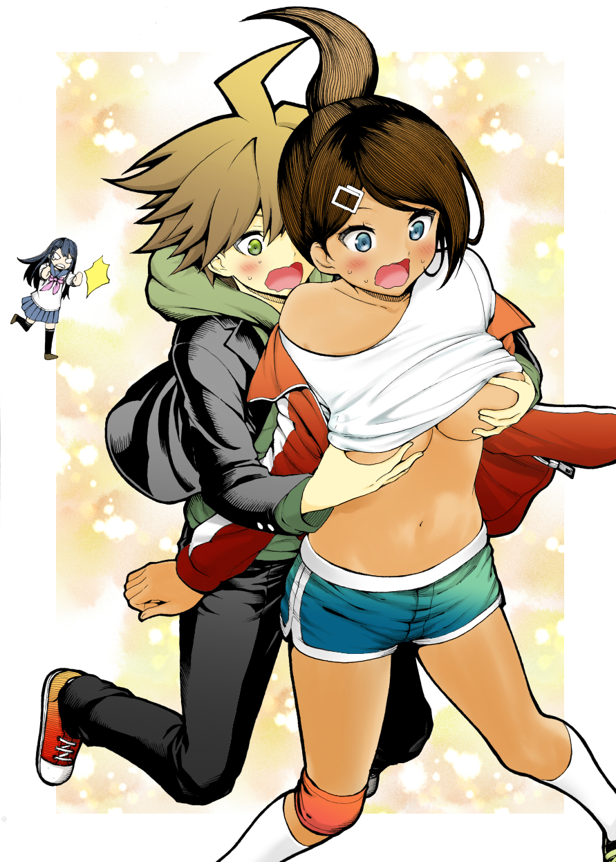 1boy, 2girls, accidental circumstance, accidental exposure, ahoge, asahina aoi, breast grab, breasts, danganronpa, danganronpa: trigger happy havoc, embarrassed, female, fondling breast, groping, groping breasts, groping from behind, human, itou g-tarou, jacket, large breasts, maizono sayaka, male, multiple females, multiple girls, naegi makoto, navel, ponytail, pushing, red jacket, schoolgirl uniform, shirt lift, shorts, straight hair, tan body, tank top lift, tanned, wardrobe malfunction, white shirt