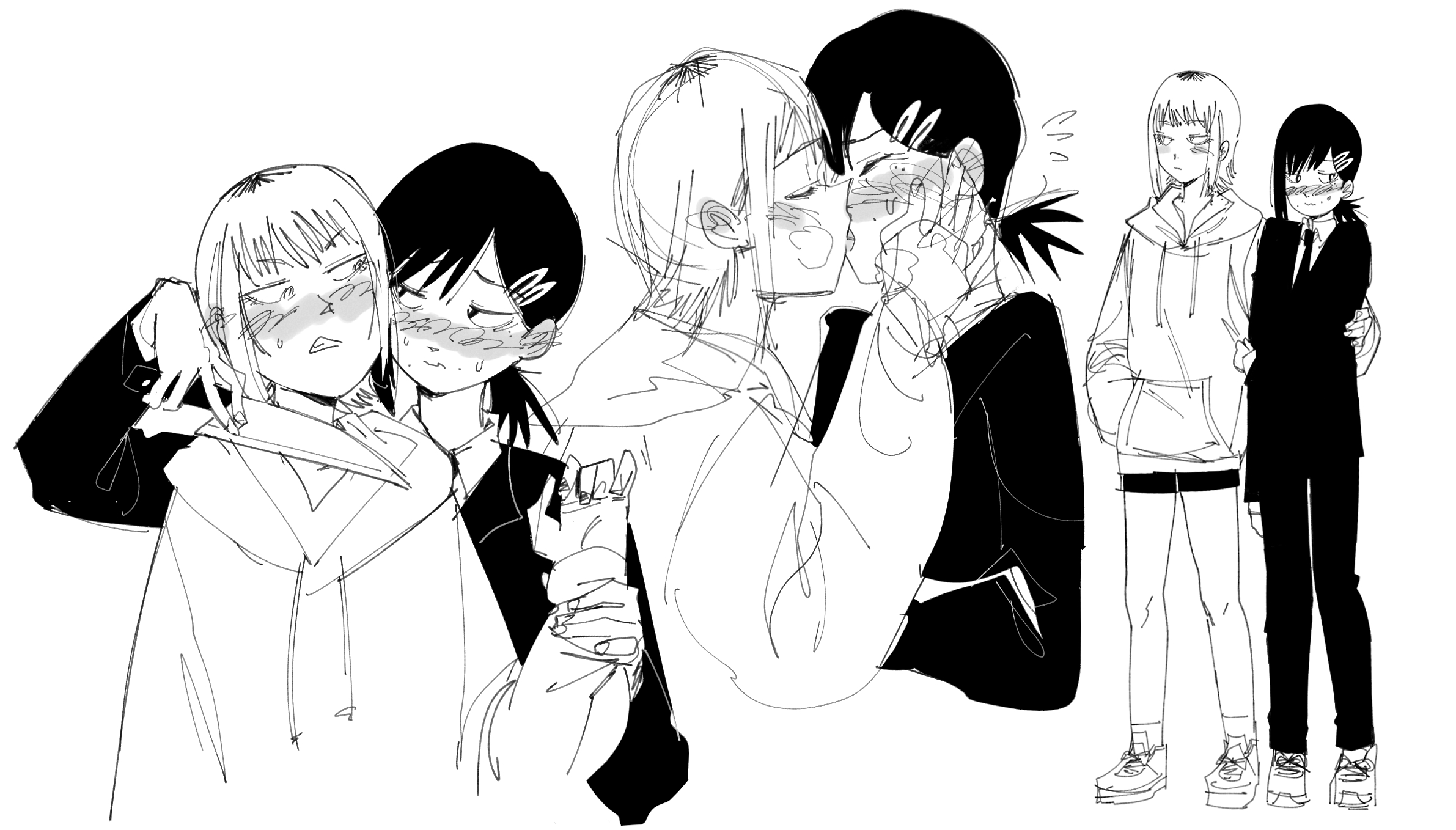 ?, blush, chainsaw man, clothed, enemies, enemies to lovers, enemies with benefits, female, gutalalaman, higashiyama kobeni, kissing, knife, making out, sawatari akane, wholesome, yuri