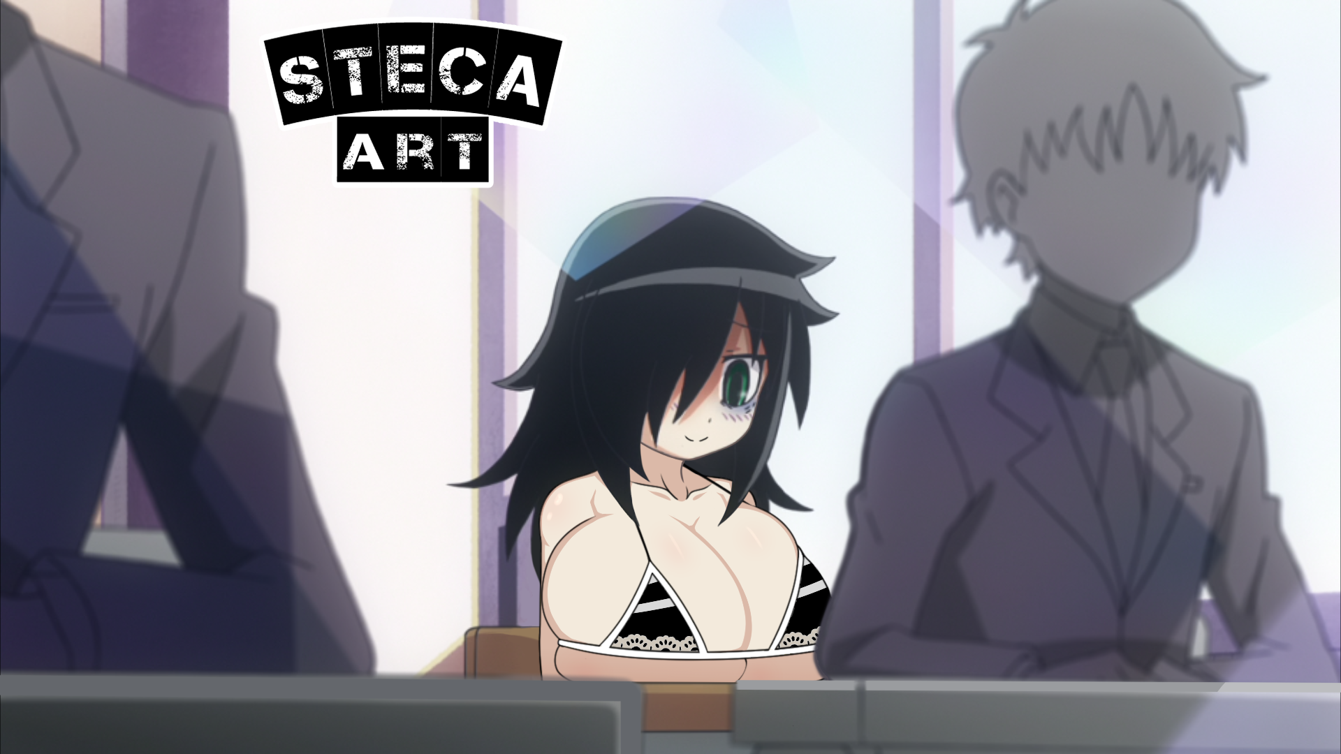 16:9 aspect ratio, alternate breast size, black hair, breasts, casual, casual one-piece swimsuit, clothing, edit, edited, female, happy, high resolution, huge breasts, kuroki tomoko, large breasts, one-piece swimsuit, public, public indecency, school uniform, screen capture, screencap, screenshot, screenshot edit, steca, swimsuit, thelazyart, third-party edit, uniform, watashi ga motenai no wa dou kangaetemo omaera ga warui!