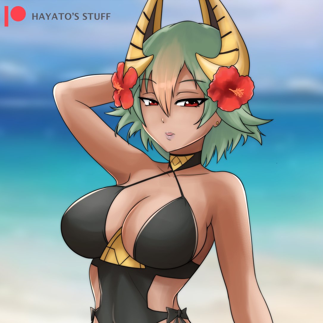 1girls alternate_costume arm_behind_head bangs beach black_one-piece_swimsuit black_swimsuit blurry blurry_background breasts crown dark-skinned_female dark_skin female female_only fire_emblem fire_emblem_heroes flower green_hair hair_flower hair_ornament hayato_stuff laegjarn_(fire_emblem) laegjarn_(summer)_(fire_emblem) large_breasts lipstick looking_away makeup nintendo ocean official_alternate_costume one-piece_swimsuit pink_lips red_eyes short_hair solo swimsuit watermark