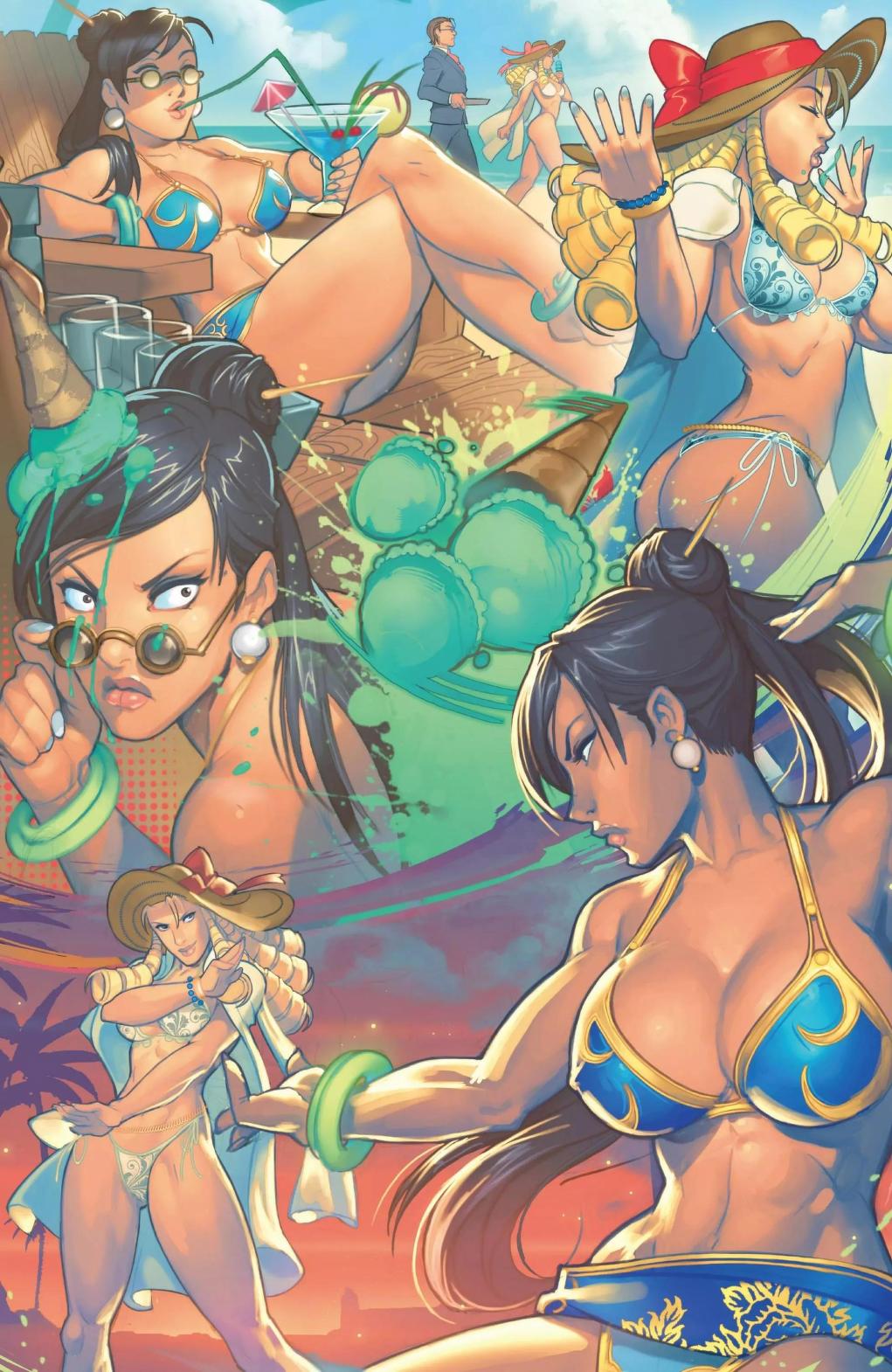 abs, beach, beach chair, bikini, bikini bottom, bikini top, catfight, chun-li, female, fight, fighting, fighting stance, ice cream, karin kanzuki, street fighter, street fighter v