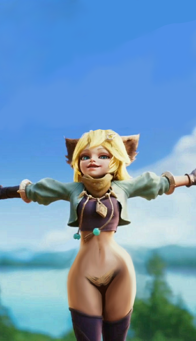 animal_ears armwear blonde_hair blue_eyes blurry_background bra cyan_shirt forest_background joy_(mobile_legends) looking_at_viewer mobile_legends mobile_legends:_bang_bang necklace no_panties no_pants pubic_hair scarf shirt_up smiling smiling_at_viewer t_pose t_posing tagme thighhigh_boots yellow_hair