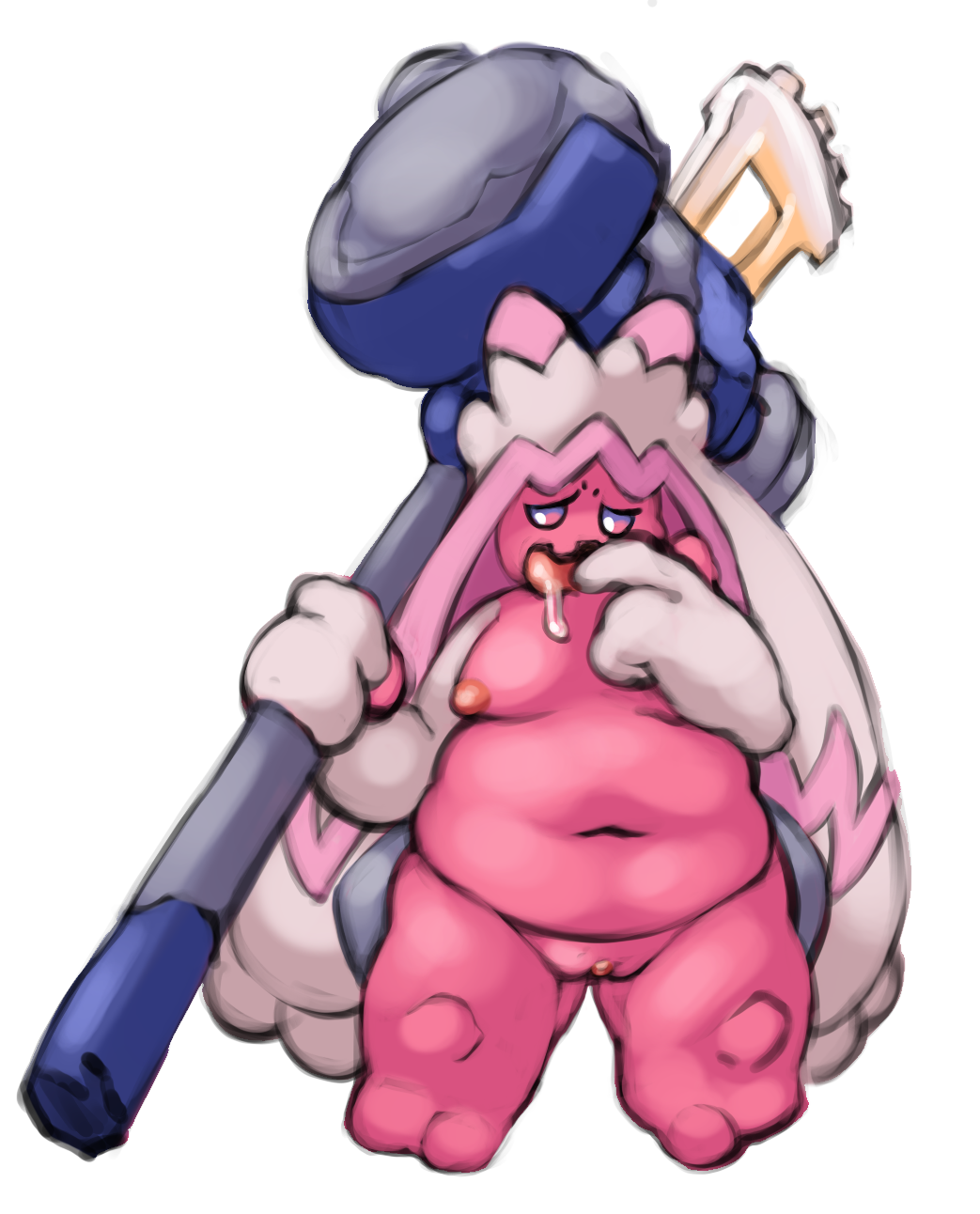 anthro belly big_belly bodily_fluids drooling female finger_in_mouth genitals hammer hi_res holding_object holding_weapon nintendo nova_nsfw overweight pokemon pokemon_(species) pokemon_sv pussy saliva short_stack shortstack solo tinkaton tools video_games weapon