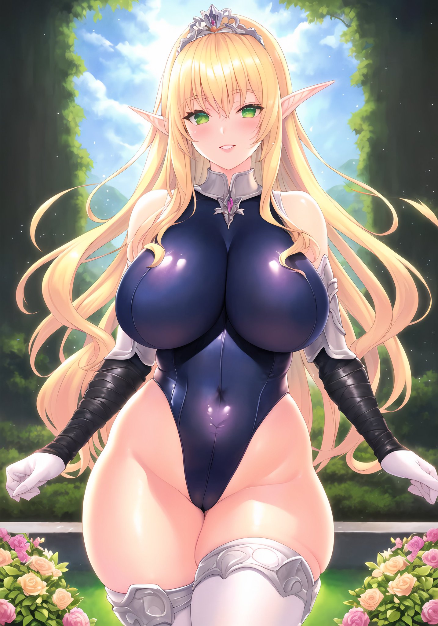 1girls, ai generated, blonde hair, elf, elf ears, elf female, female, female only, high resolution, highres, latex, leotard, long hair, looking at viewer, nai diffusion, original, seductive eyes, skindentation, solo, stable diffusion, thick thighs, thighs, tight clothing, zettai ryouiki