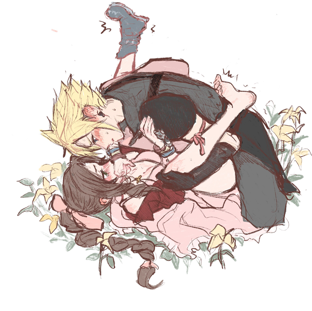 1boy 1girls aerith_gainsborough arm_under_legs blonde_hair blushing clothed clothed_sex cloud_strife eye_contact face_to_face female final_fantasy final_fantasy_vii final_fantasy_vii_remake flowers leg_grab legs_up looking_at_partner male/female mating_press sex straight