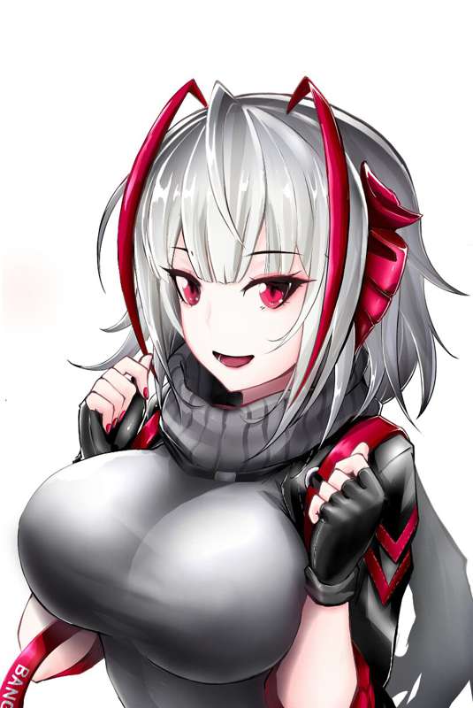 1girls antenna_hair arknights big_breasts black_jacket breast_focus breasts busty curvy demon_girl demon_horns female female_only fingerless_gloves gigantic_breasts grey_hair grey_shirt hair_between_eyes horns huge_breasts jacket large_breasts light-skinned_female light_skin looking_at_viewer massive_breasts multicolored_hair nail_polish open_mouth pressing_breasts_together red_eyes red_hair red_nails scarf shirt short_hair silver_hair smile smiling_at_viewer solo solo_female tagme tight_shirt two_tone_hair w_(arknights) w_arms