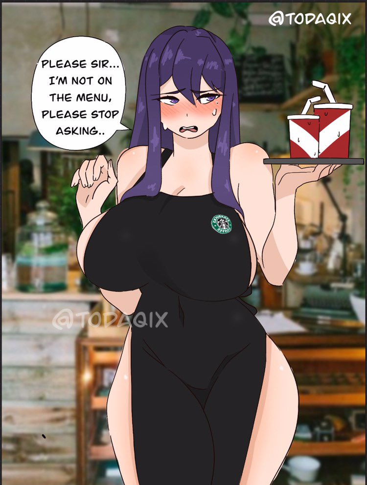 1girls, apron, blush, breasts, doki doki literature club, drinks, embarrassed, embarrassed female, female, iced latte with breast milk, meme, open mouth, purple eyes, purple hair, solo, starbucks, sweat, sweating, text, text bubble, todaqix, yuri (doki doki literature club)
