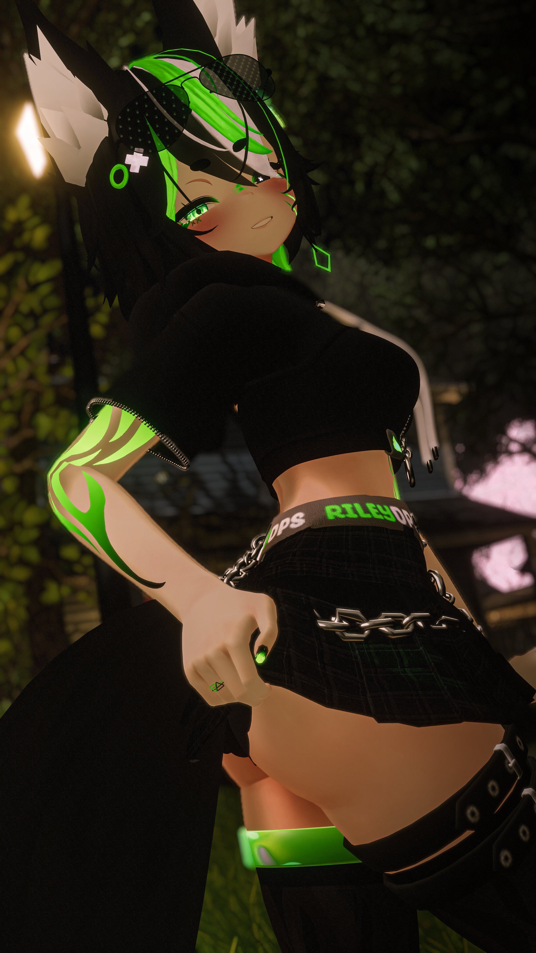 1girls, ass, black hair, blush, blushing, blushing at viewer, cat ears, cat girl, cat tail, female, fully clothed, glowing eyes, glowing hair, glowing markings, green eyes, green hair, looking at viewer, rileydps, skirt, skirt lift, skirt up, smile, sunglasses on head, tattoo, tattoos, thighhighs, thighs, vr media, vrchat, vrchat avatar, white hair