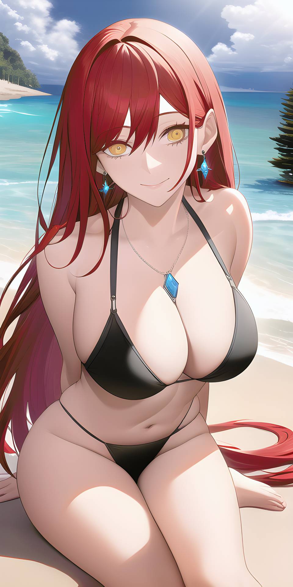 ai generated, ass, big breasts, bikini, black bikini, breasts, chainsaw man, female, female only, hair, half-dressed, huge breasts, jewelry, long hair, looking at viewer, makima (chainsaw man), nai diffusion, nude, nude female, oppai, pov, red, ringed eyes, sitting, smiling, stable diffusion, string bikini, swimsuit, thick, thick ass, thick thighs, yellow eyes
