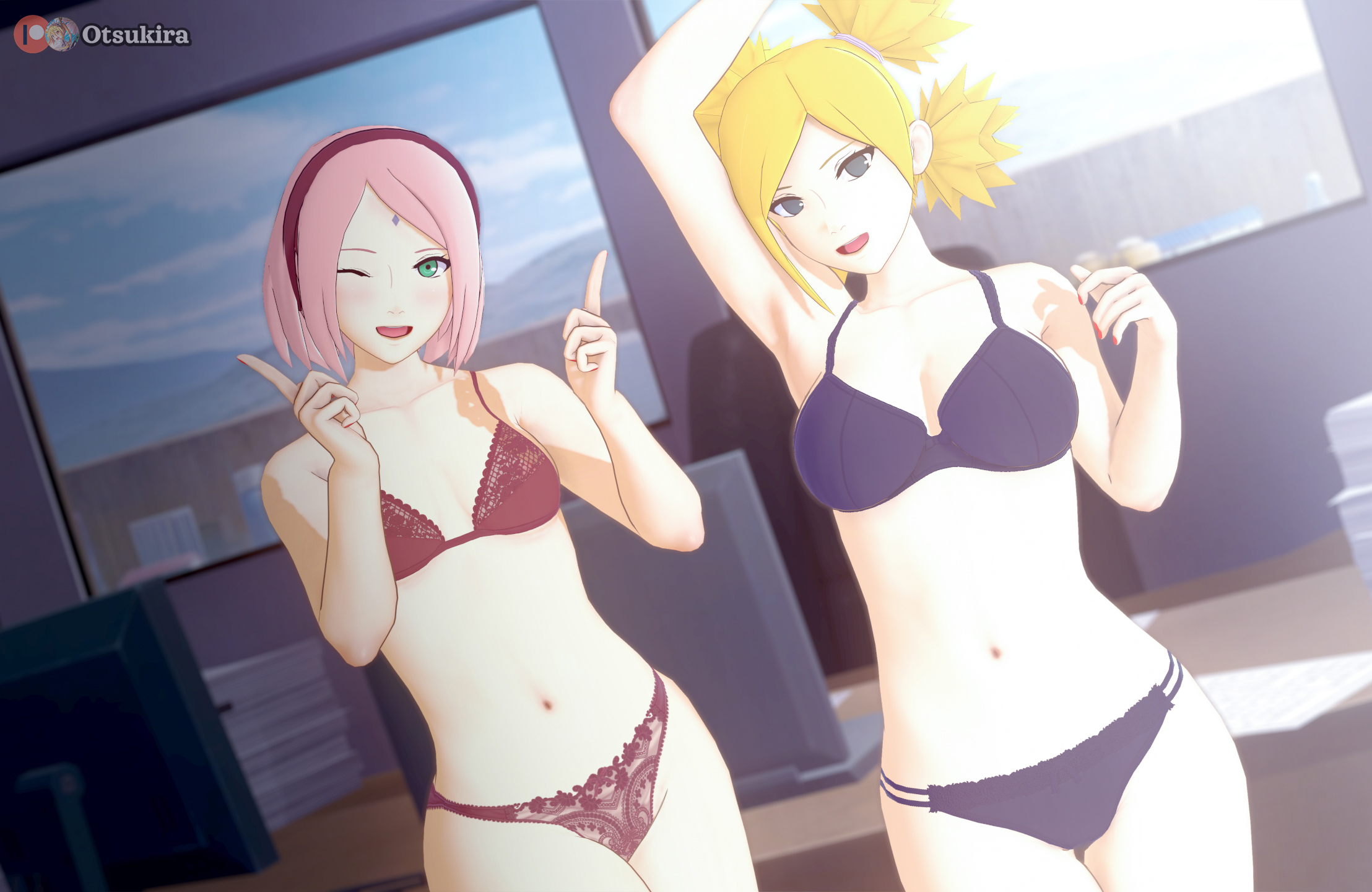 2girls, big breasts, blonde hair, blush, boruto: naruto next generations, bra, breast size difference, breasts, curvaceous, female, female only, green eyes, hokage office, indoors, inviting, inviting to sex, koikatsu, lingerie, long hair, looking at viewer, mature, mature female, midriff, milf, multiple females, multiple girls, naruto, naruto (series), office, one eye closed, open mouth, open smile, otsukira, panties, pink hair, quad tails, sakura haruno, small breasts, smile, take your pick, temari, tied hair, underwear, wide hips, wink