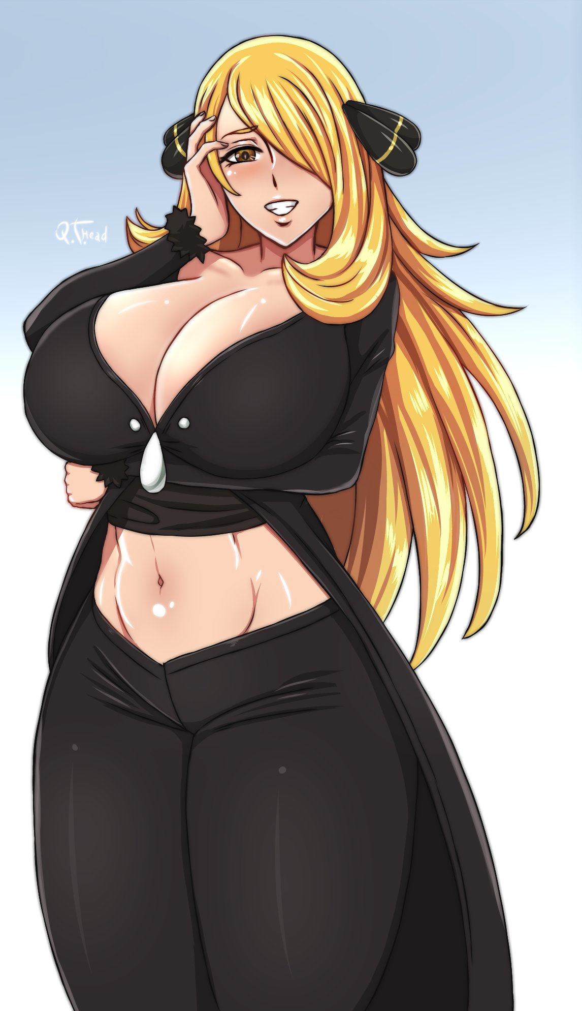 big_breasts blonde_hair breasts cleavage clothed clothed_female cynthia_(pokemon) huge_breasts legwear light-skinned_female light_skin long_hair looking_at_viewer naughty_face pokemon pokemon_dppt qthead thick_thighs thighs voluptuous voluptuous_female