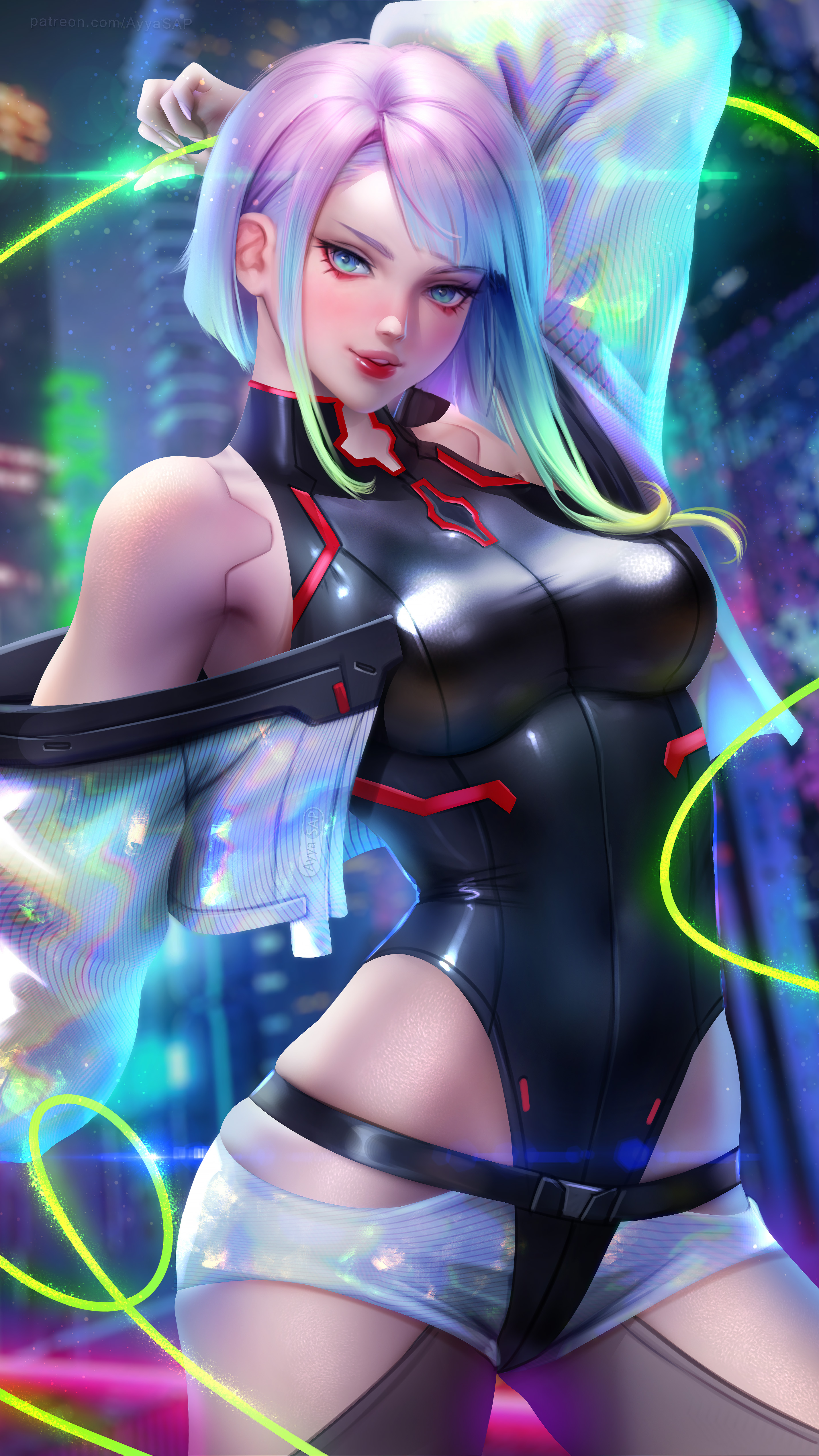 1girls, absurd res, absurdres, ayyasap, bangs, bare shoulders, big breasts, black clothes, black clothing, black leotard, blue eyes, breasts, busty, cd projekt red, cute face, cybernetics, cyberpunk 2077, cyberpunk: edgerunners, female, female focus, female only, high resolution, highres, jacket, large breasts, leotard, light skin, light-skinned female, lucyna kushinada, monowire, multicolored hair, parted lips, red lips, red lipstick, short hair, shorts, solo, solo female, solo focus, studio trigger, thighs, very high resolution, white clothes, white clothing, white jacket, white shorts