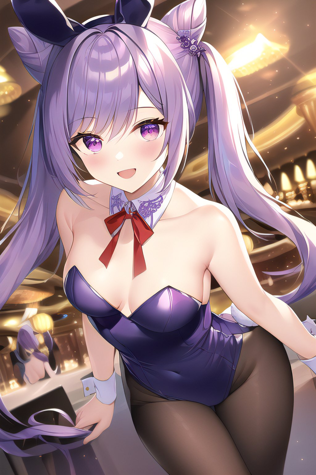 1girls, ai generated, bare shoulders, black pantyhose, breasts, female, genshin impact, keqing (genshin impact), latex, leotard, medium breasts, nai diffusion, pantyhose, stable diffusion, thighs, twintails