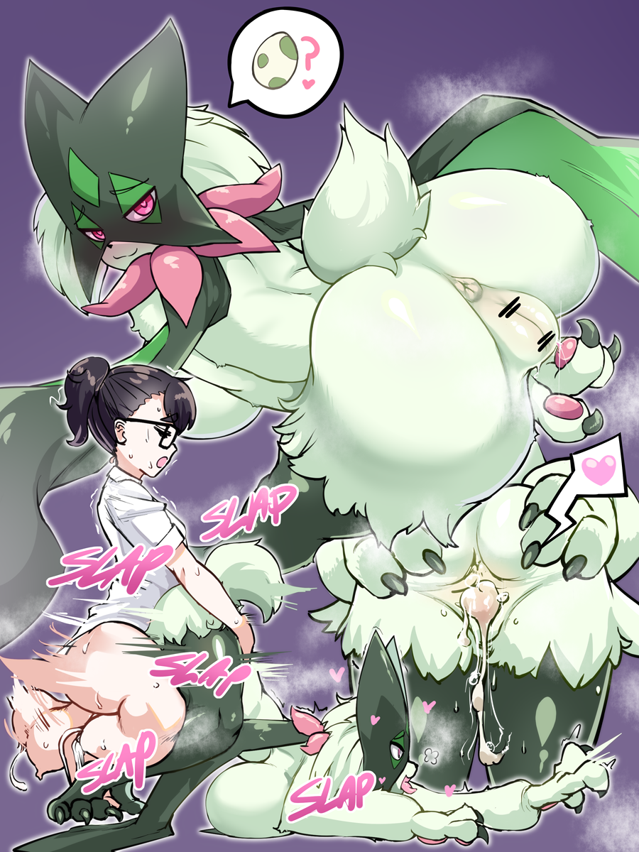 1futa, 1girls, 2022, all fours, anthro, ass, ass up, balls, big ass, big balls, big testicles, black hair, bottomless, cum, cum in pussy, cum inside, cumdrip, doggy style, duo, female, from behind, furry, futa on female, futanari, game freak, glasses, green body, green fur, heart, heart-shaped pupils, human, human on anthro, ihcaris, impregnation request, intersex, interspecies, juliana (pokemon), large balls, large testicles, larger female, left alone after sex, light skin, light-skinned futa, mask, meowscarada, nintendo, original character, pokemon, pokemon (species), pokemon sv, pokephilia, ponytail, pussy, pussy juice, sex, small dom big sub, smaller futa, spread pussy, sweat, sweatdrop, sweating, sweaty balls, tail, testicles, thick thighs, vaginal penetration