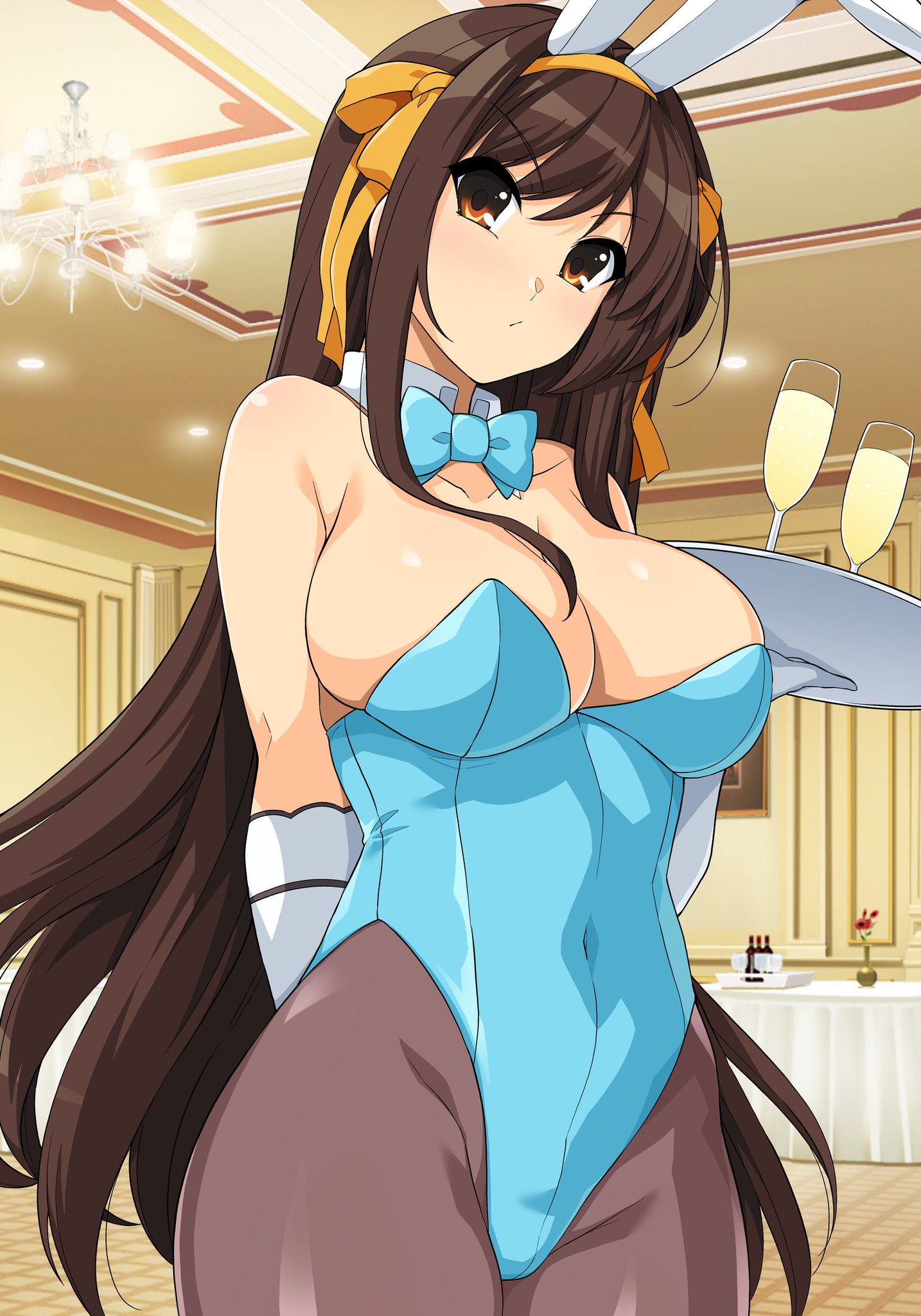 1girls, big breasts, breasts, brown hair, bunny ears, bunnysuit, clothing, fake animal ears, female, haruhisky, large breasts, leotard, long hair, pantyhose, ribbon, solo, suzumiya haruhi, suzumiya haruhi no yuuutsu, tray