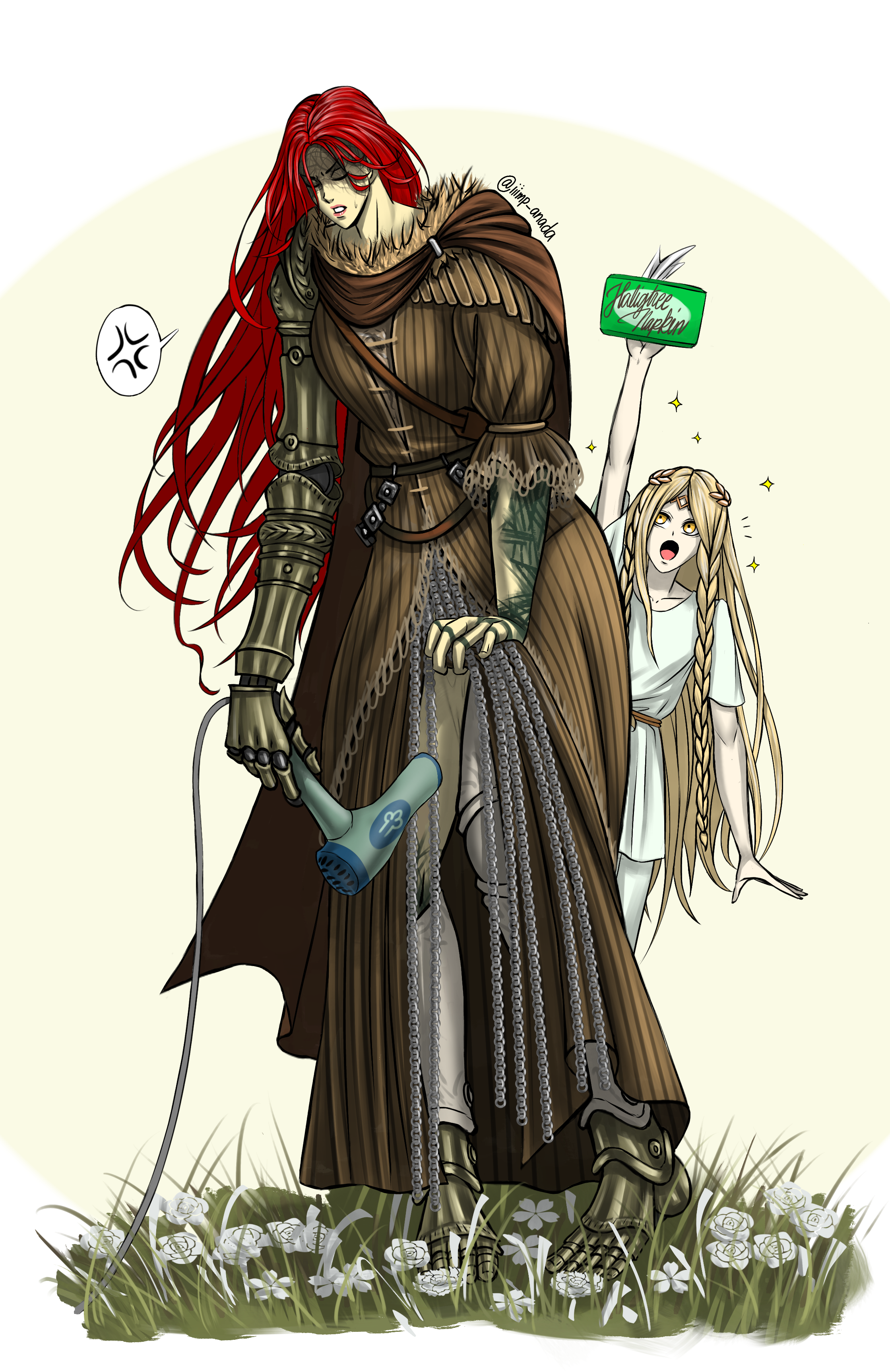 blonde, blonde hair, clothed, dress, dress lift, elden ring, female, femboy, fromsoftware, iiimp, male, malenia blade of miquella, meme, miquella, prosthetic, prosthetic arm, prosthetic limb, pussy, red hair, siblings, wet, wet pussy