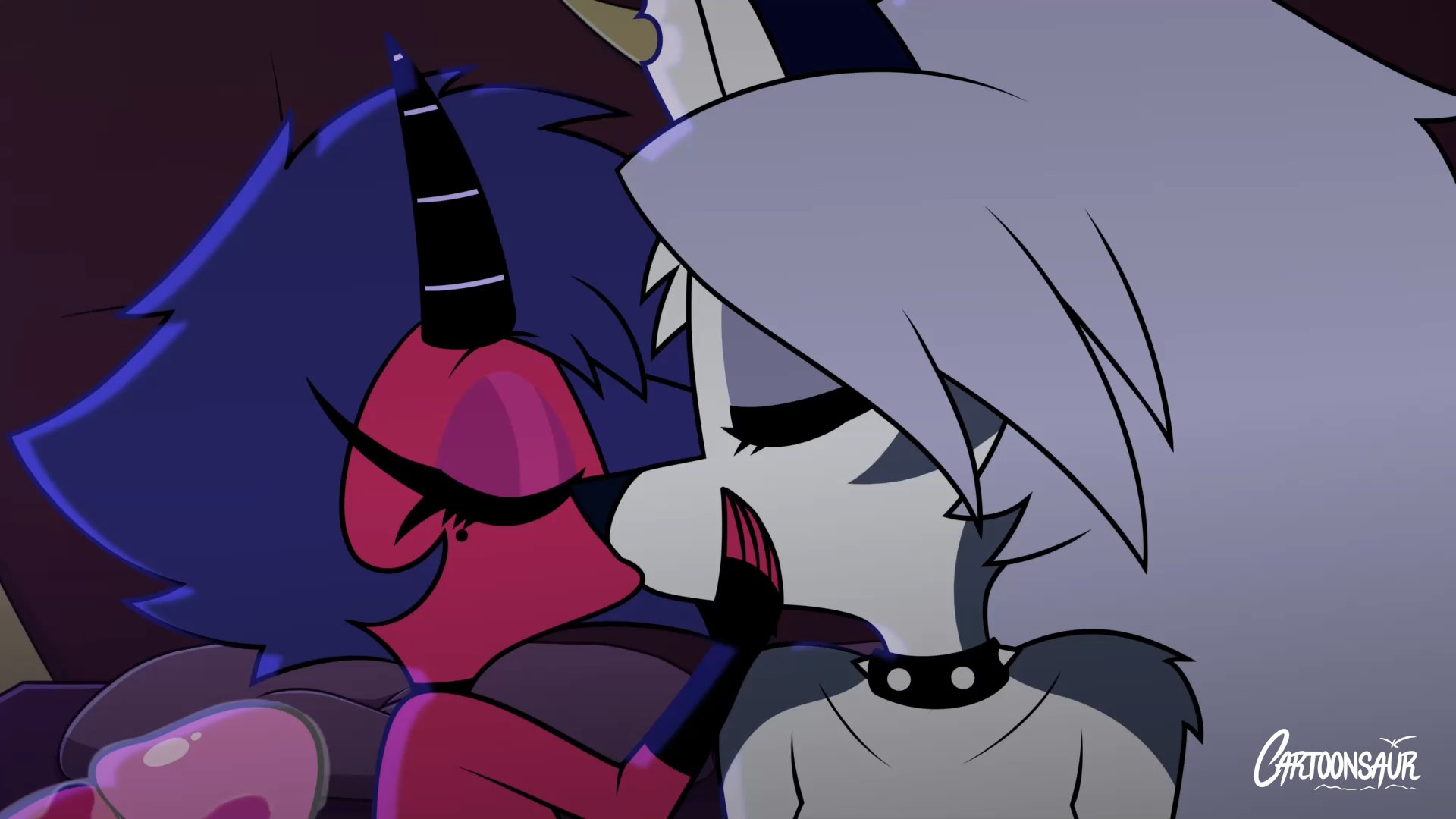 2girls, cartoonsaur, female, female only, helluva boss, kissing, lesbian, loona (helluva boss), millie (helluva boss), multiple females, multiple girls, yuri