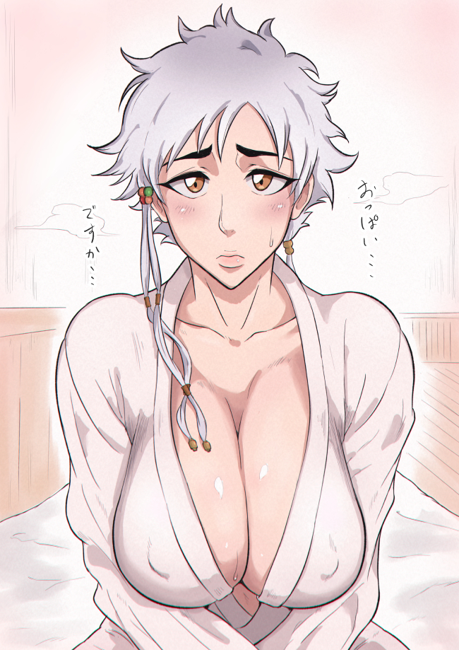 1girls, ashamed, asymmetrical bangs, asymmetrical hair, bangs, bare chest, big breasts, bleach, blush, braids, breasts, brown eyes, busty, cleavage, closed mouth, clothed female, clothing, collarbone, embarrassed, erect nipples, erect nipples under clothes, female, hanging breasts, huge breasts, kakisu, kimono, kotetsu isane, large breasts, nipples, oppai, presenting, presenting breasts, robe, sagging breasts, short hair, short hair with long locks, shy, silver hair, sweat, sweatdrop, upper body, wet, wet body, wet skin