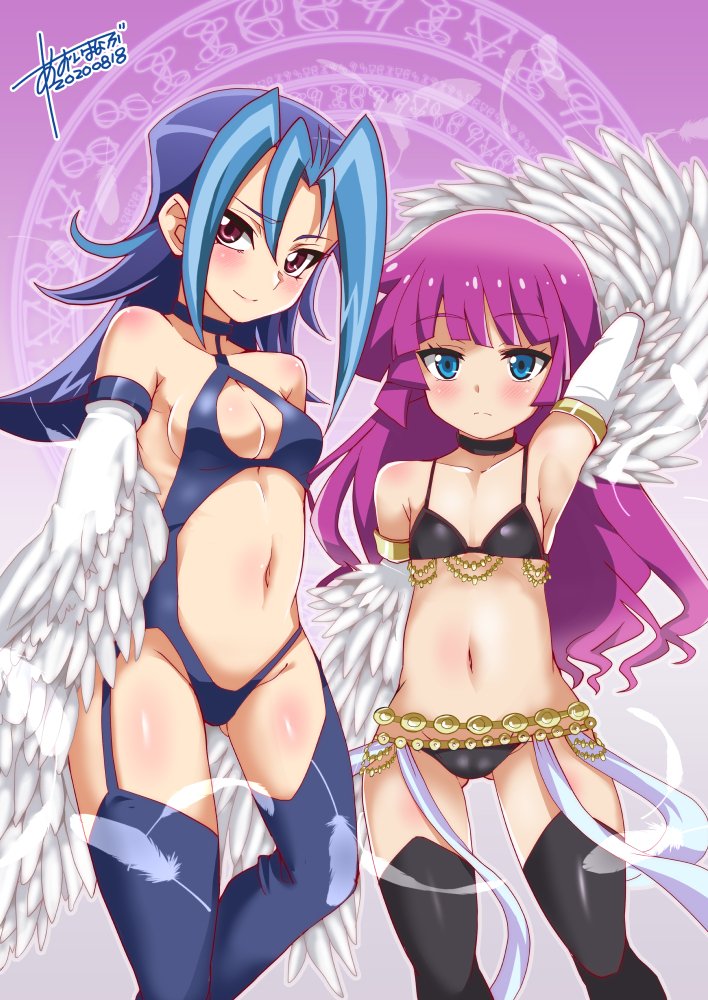 2girls bikini blue_eyes blue_hair blush cosplay cya_mg female hi_res kamishiro_rio kirishima_romin leotard pink_hair red_eyes rio_kamishiro romin_kirishima yu-gi-oh! yu-gi-oh!_sevens yu-gi-oh!_zexal