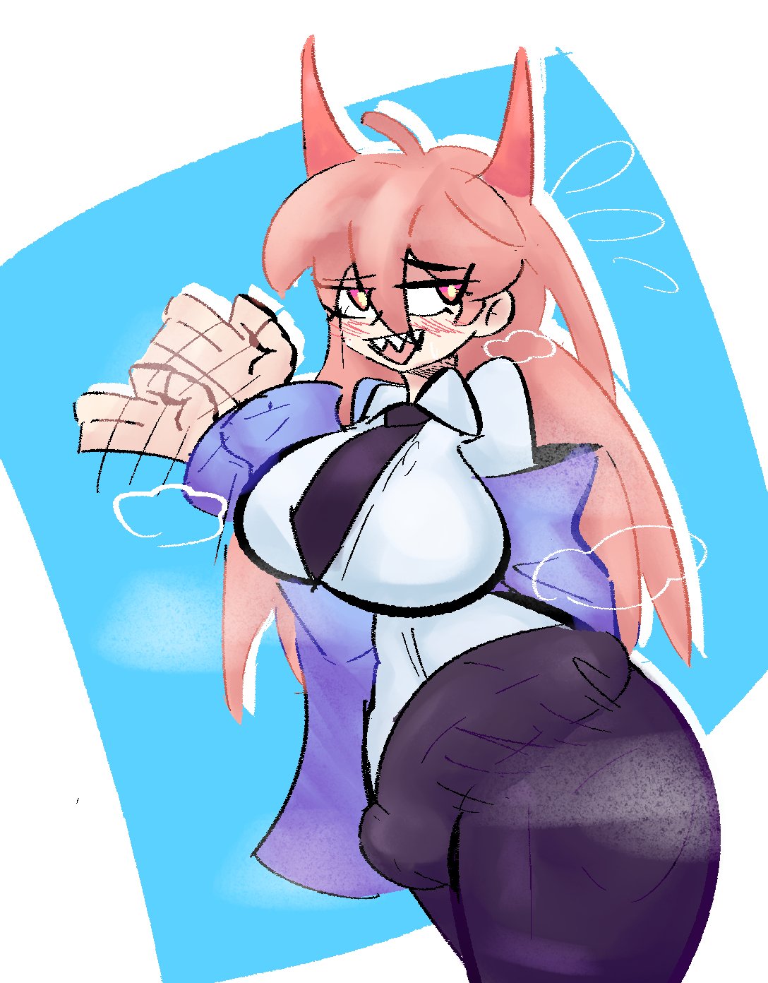 1futa, 2022, balls, big breasts, big penis, big thighs, blush, breasts, bulge, bulge through clothing, chainsaw man, clothed, clothing, erection, erection under clothes, fully clothed, futa, futa only, futanari, horns, huge breasts, huge cock, huge hips, humanoid, humanoid penis, intersex, light skin, light-skinned futa, looking to the side, penis, poodleskapoodle, power (chainsaw man), solo, standing, thick thighs, wide hips