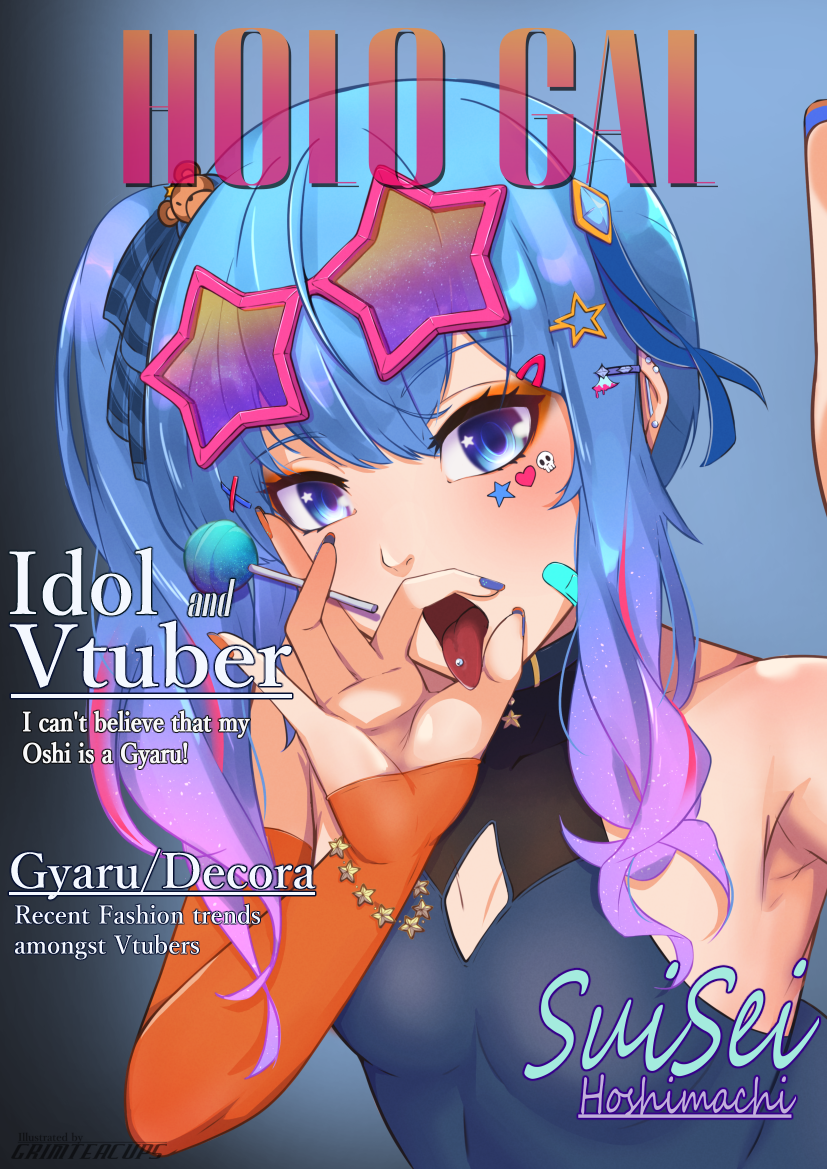 blowjob_face blowjob_gesture decora grimkopi18 grimteacups gyaru hair_ornament hairclip hololive hololive_gen_0 hololive_japan hoshimachi_suisei magazine_cover star_(symbol) star_glasses suggestive_gesture virtual_youtuber