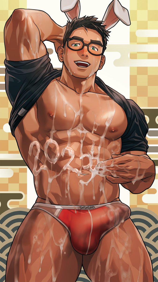 1boy 2023 abs animal_ears bara bare_pectorals black_hair black_shirt briefs bulge bulge_through_clothing chinese_zodiac clothes_lift commentary_request cum cum_on_body cum_on_boy erection erection_under_clothes gachimuchi_de_dosukebe_na_kateikyoushi_no_oniisan_to_sugosu_natsu glasses green_eyes highres human human_only large_pectorals male_focus male_only male_underwear muscular muscular_male navel nipples pectorals rabbit_ears red_male_underwear ryota_hibiki shirt shirt_behind_neck shirt_lift short_hair smile solo underwear wasp_(anthyutena) wasp_(artist) year_of_the_rabbit