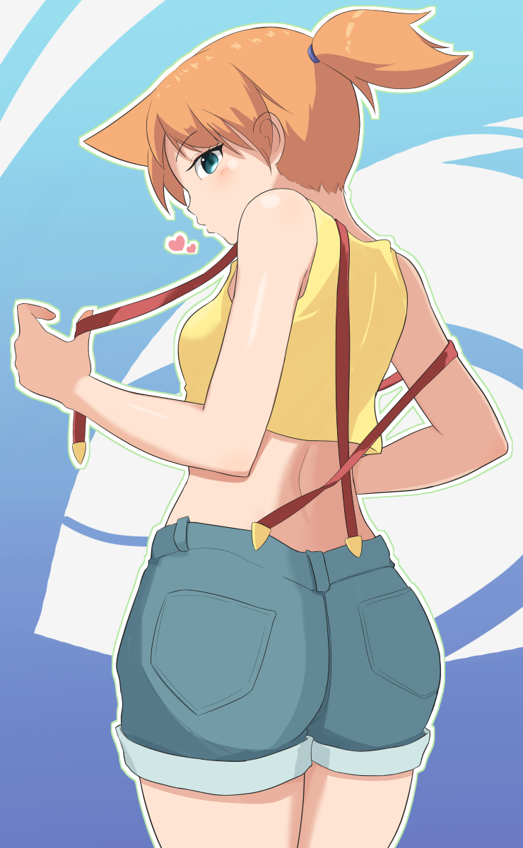 1girls ass back blush breasts condom eye_contact female female_only heart highres hiyoshipow huge_ass human human_only kasumi_(pokemon) large_ass legs_together looking_at_viewer looking_back nintendo orange_hair pokemon pokemon_(game) pokemon_rgby ponytail short_hair shorts side_ponytail sideboob smile solo solo_female suspenders suspenders_hanging tomboy