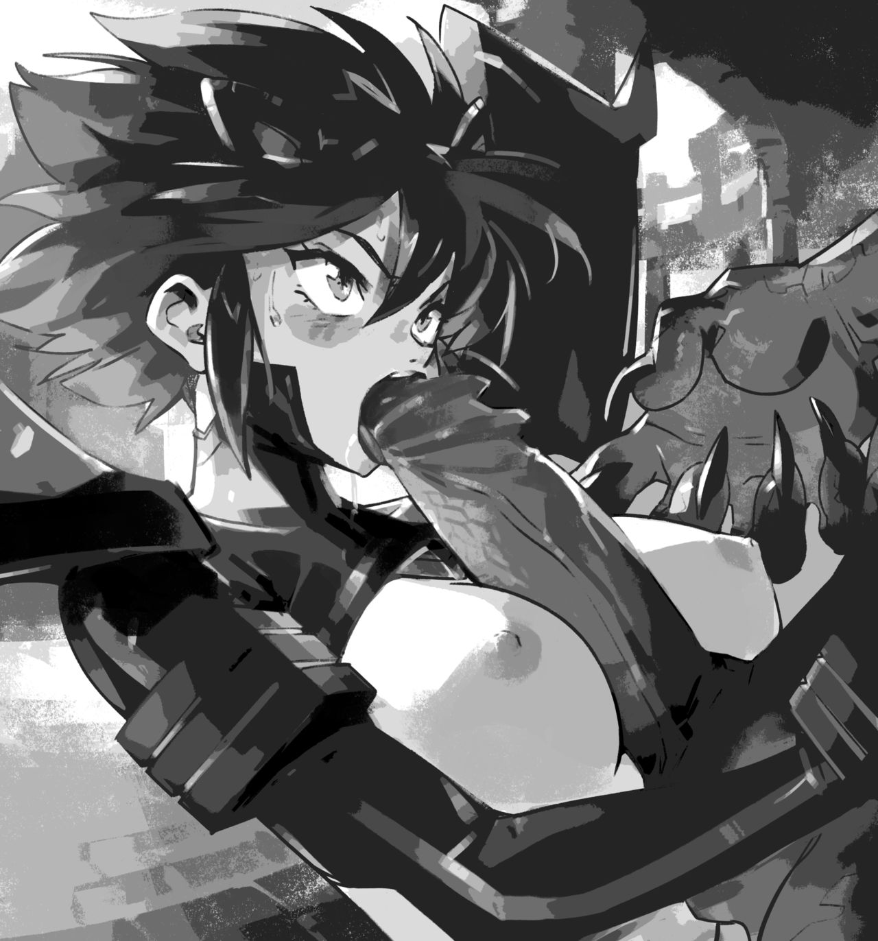 1boy, 1girls, angry, angry fellatio, black and white, blush, boobjob, breasts, dark hair, drooling, emo, erection, facial, fellatio, female, human on anthro, interspecies, kill la kill, looking at viewer, male, matoi ryuuko, monster, nipples, optionaltypo, oral, oral sex, penis, scalie, senketsu, short hair, straight, studio trigger, sweat, teratophilia