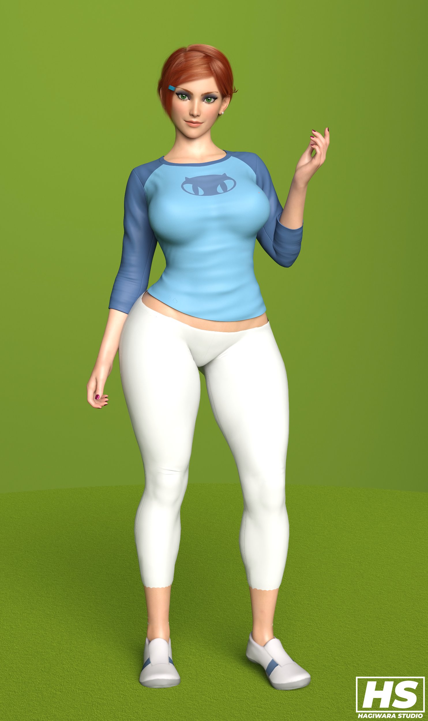 1girls, 3d, ben 10, ben 10 (classic), cartoon network, clothed, daz studio, daz3d, female, female only, green background, green eyes, gwen tennyson, gwen tennyson (classic), hagiwara studio, looking at viewer, red hair, render, solo, wide hips