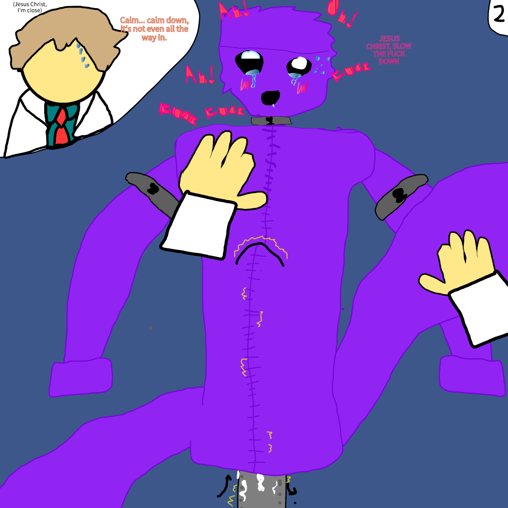 amateur_art amateur_artist big_penis blush crying_with_eyes_open drooling gay kid_drawing locks purple_hair purple_skin stomach_bulge tagme