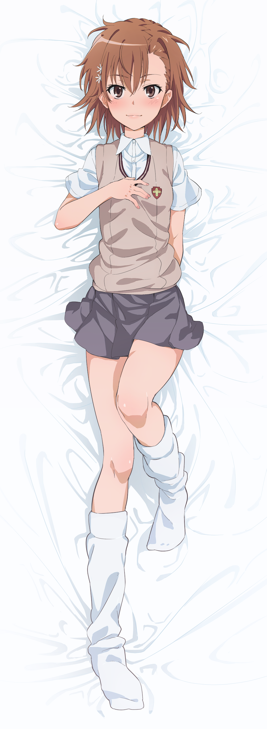 10s 1girls 2016 arm_at_side bare_thighs bed_sheet blush brown_eyes brown_hair brunette closed_mouth collared_shirt dakimakura dakimakura_design emblem eyebrows female fingernails from_above full_body grey_skirt hair_ornament hairpin hand_on_own_chest hi_res isshi_pyuma knee_up kneehighs loose_socks matching_hair/eyes miniskirt misaka_mikoto school_uniform schoolgirl shirt short_hair short_sleeves skirt smile socks solo sweater_vest teenage_girl teenager thighs to_aru_kagaku_no_railgun to_aru_majutsu_no_index tokiwadai_school_uniform tsurime v-neck white_socks young