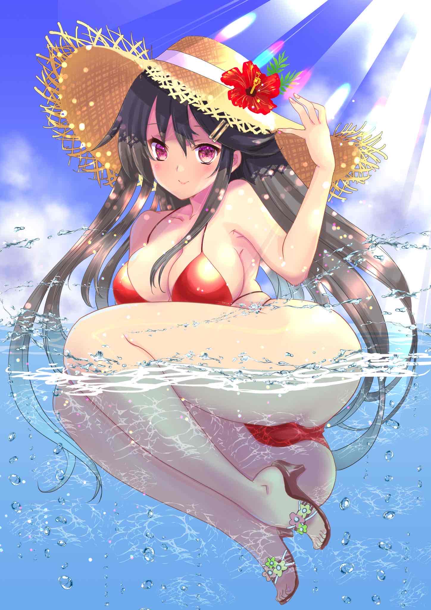 ass bikini breasts brown_hair bubble female flower haruna_(kantai_collection) hat hibiscus highres kantai_collection kawaii_hito long_hair nanase_aoi non-web_source ocean red_eyes straw_hat suimen summer sunlight swimsuit water_drop