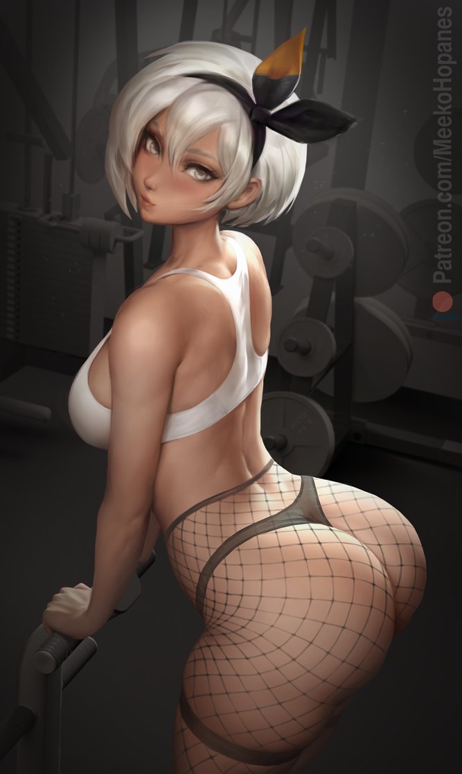 1girls, arched back, ass, bea (pokemon), breasts, brown skin, bubble ass, bubble butt, female, fishnet legwear, fishnets, grey hair, gym, hartman hips, huge ass, indoors, large breasts, looking at viewer, meekohopanes, nintendo, panties, pokemon, pokemon ss, short hair, sports bra, sportswear, thick thighs, thighs, video game, video game character, video games